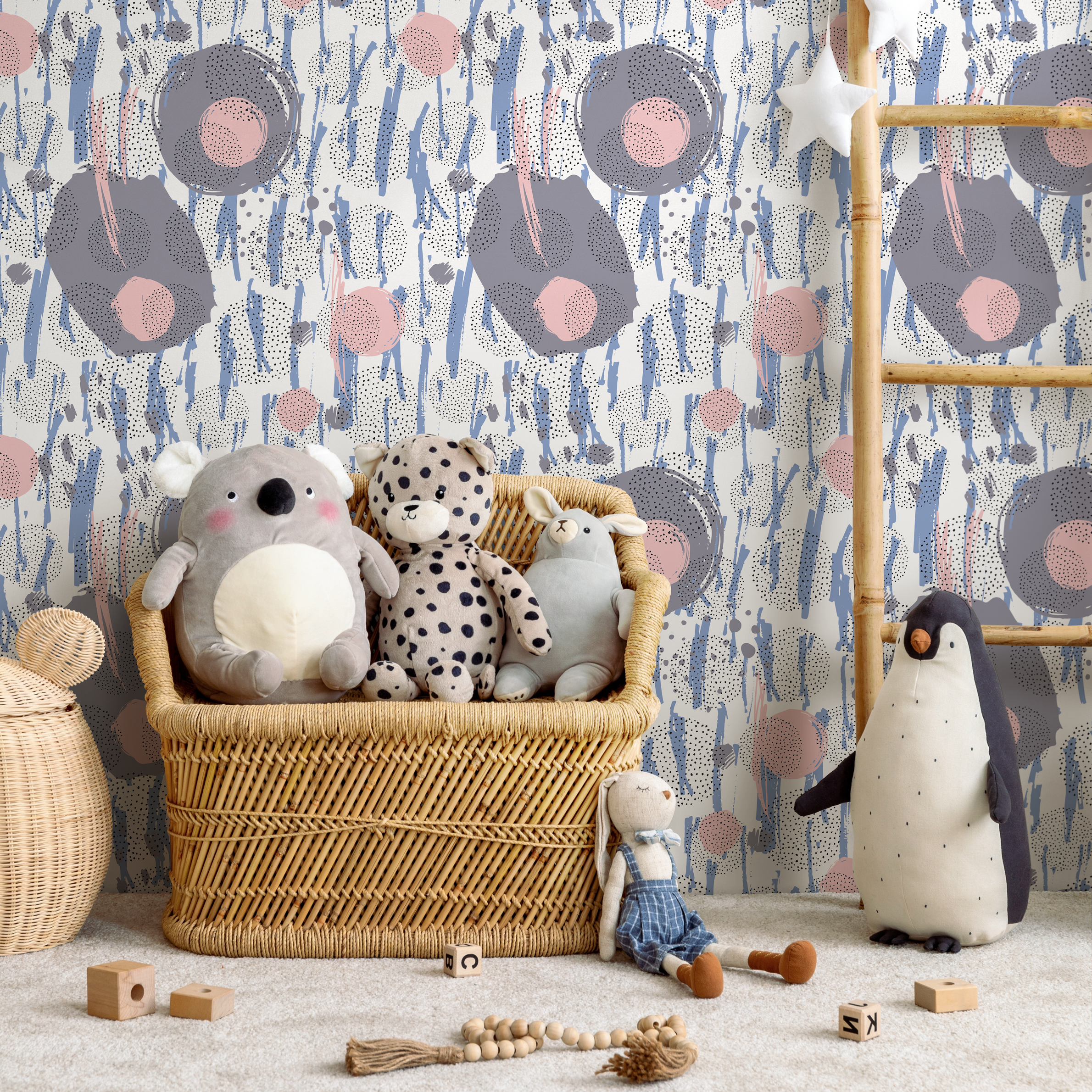 Abstract Wallpaper With Painted Circles And Brush Strokes In Blue, Pink, And Grey - B165