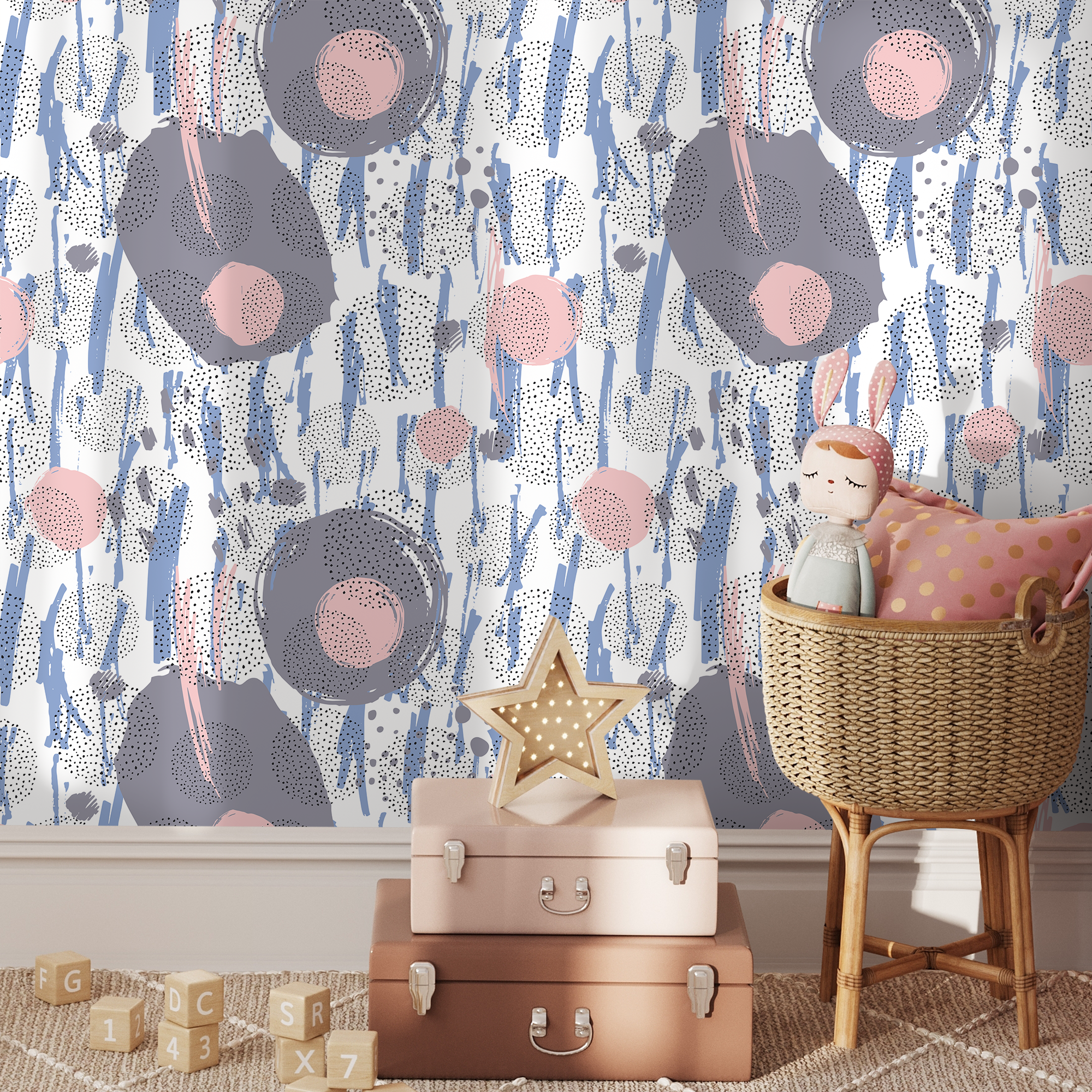 Abstract Wallpaper With Painted Circles And Brush Strokes In Blue, Pink, And Grey - B165