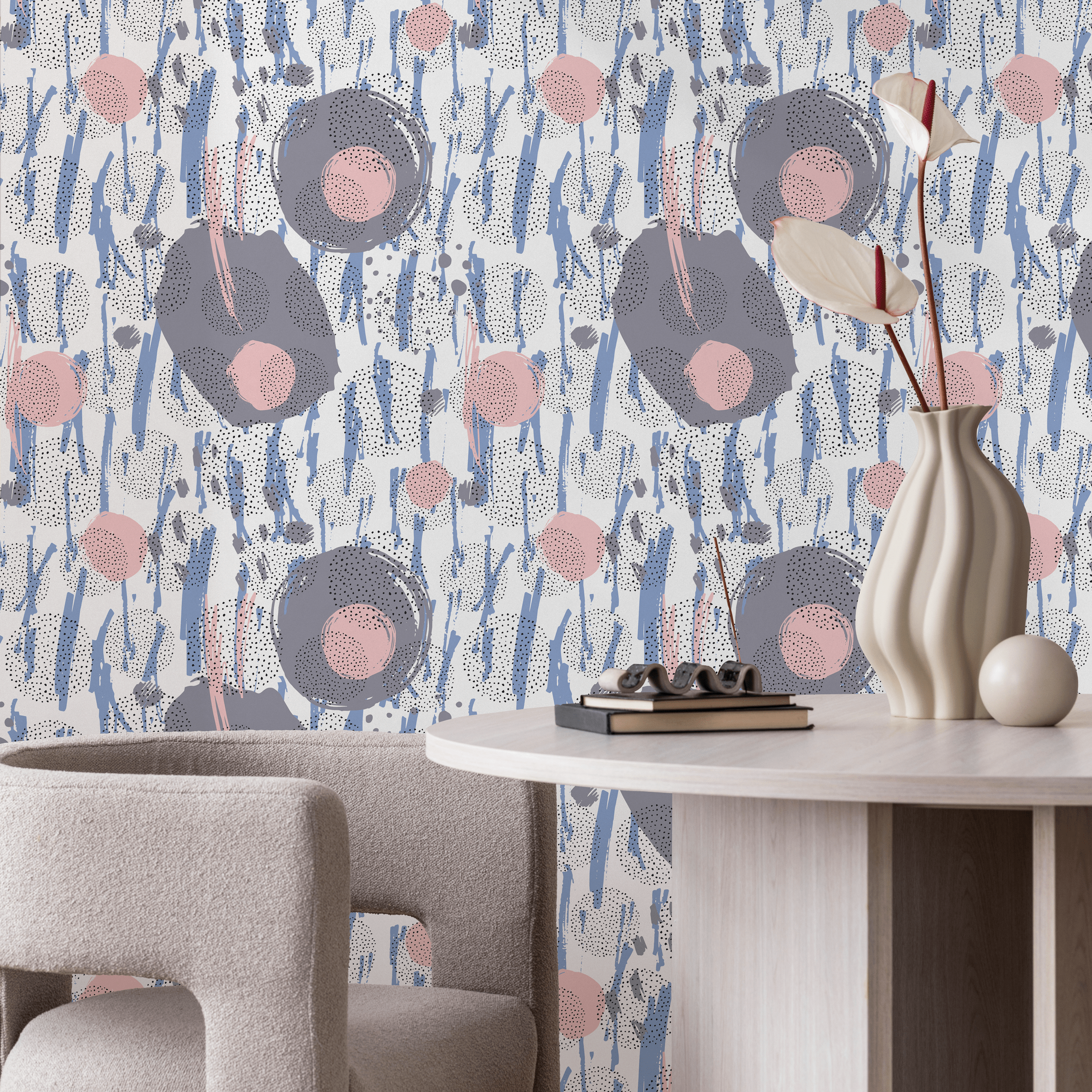 Abstract Wallpaper With Painted Circles And Brush Strokes In Blue, Pink, And Grey - B165