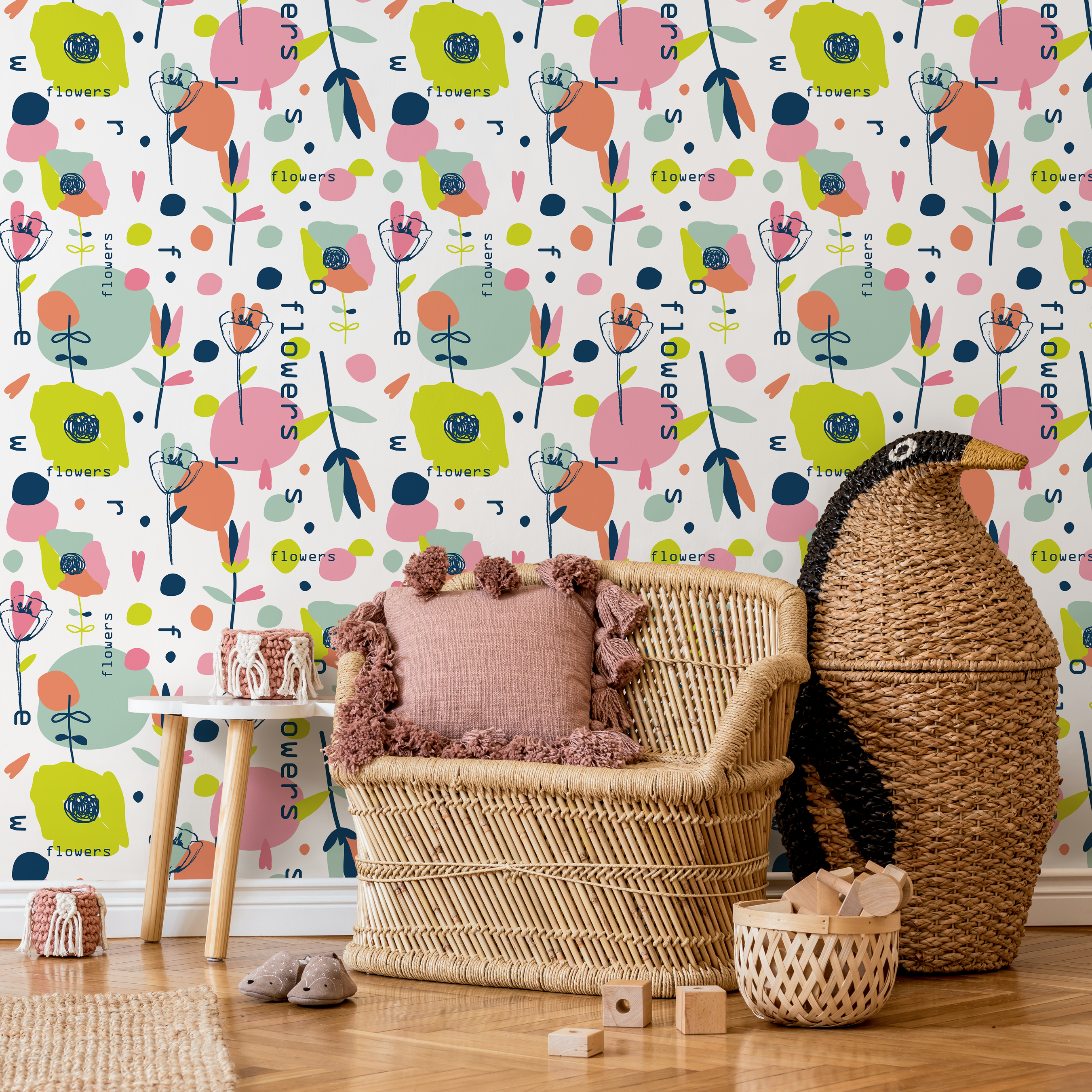 Scandinavian Wallpaper With Abstract Flowers In Pink, Blue, And Green - B170