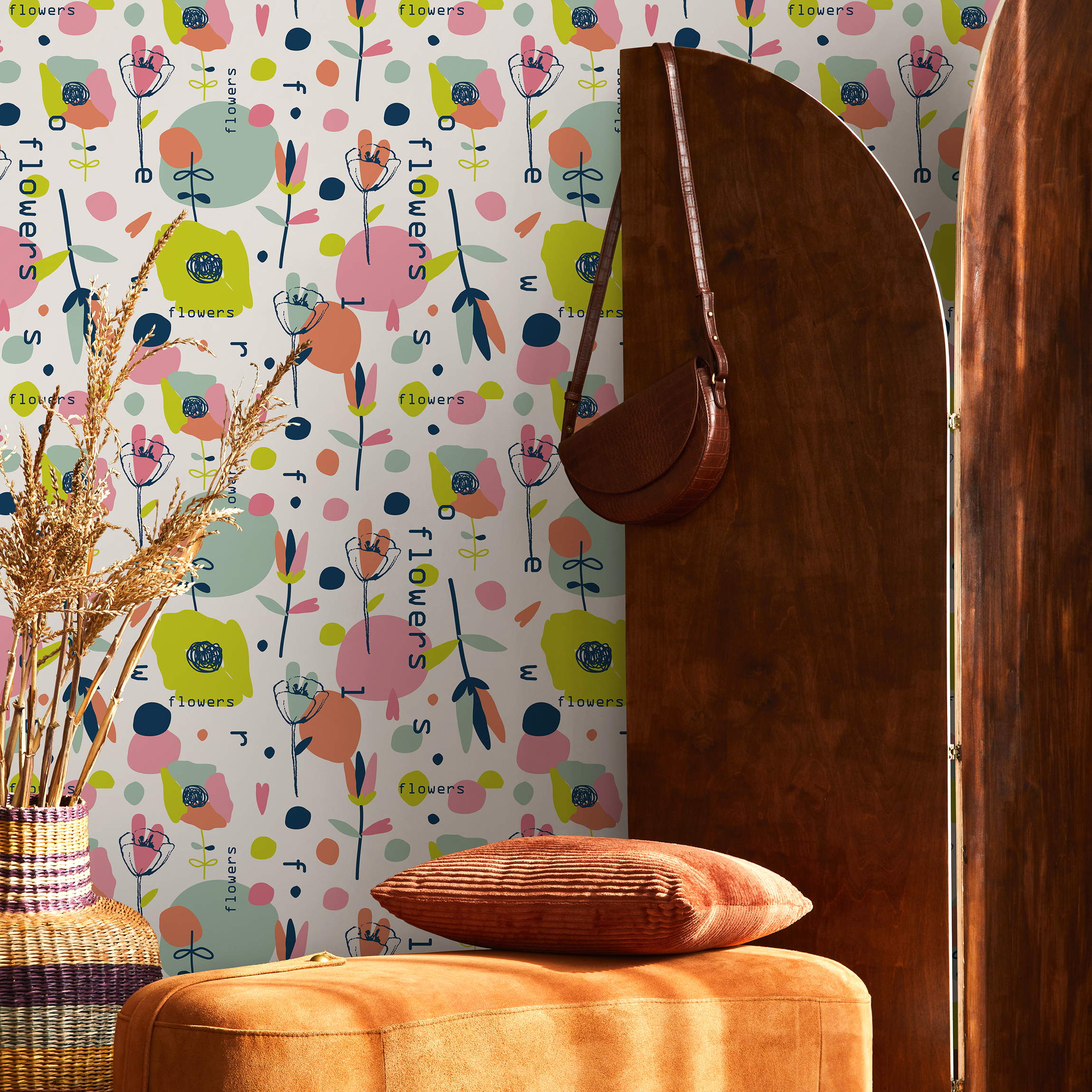 Scandinavian Wallpaper With Abstract Flowers In Pink, Blue, And Green - B170