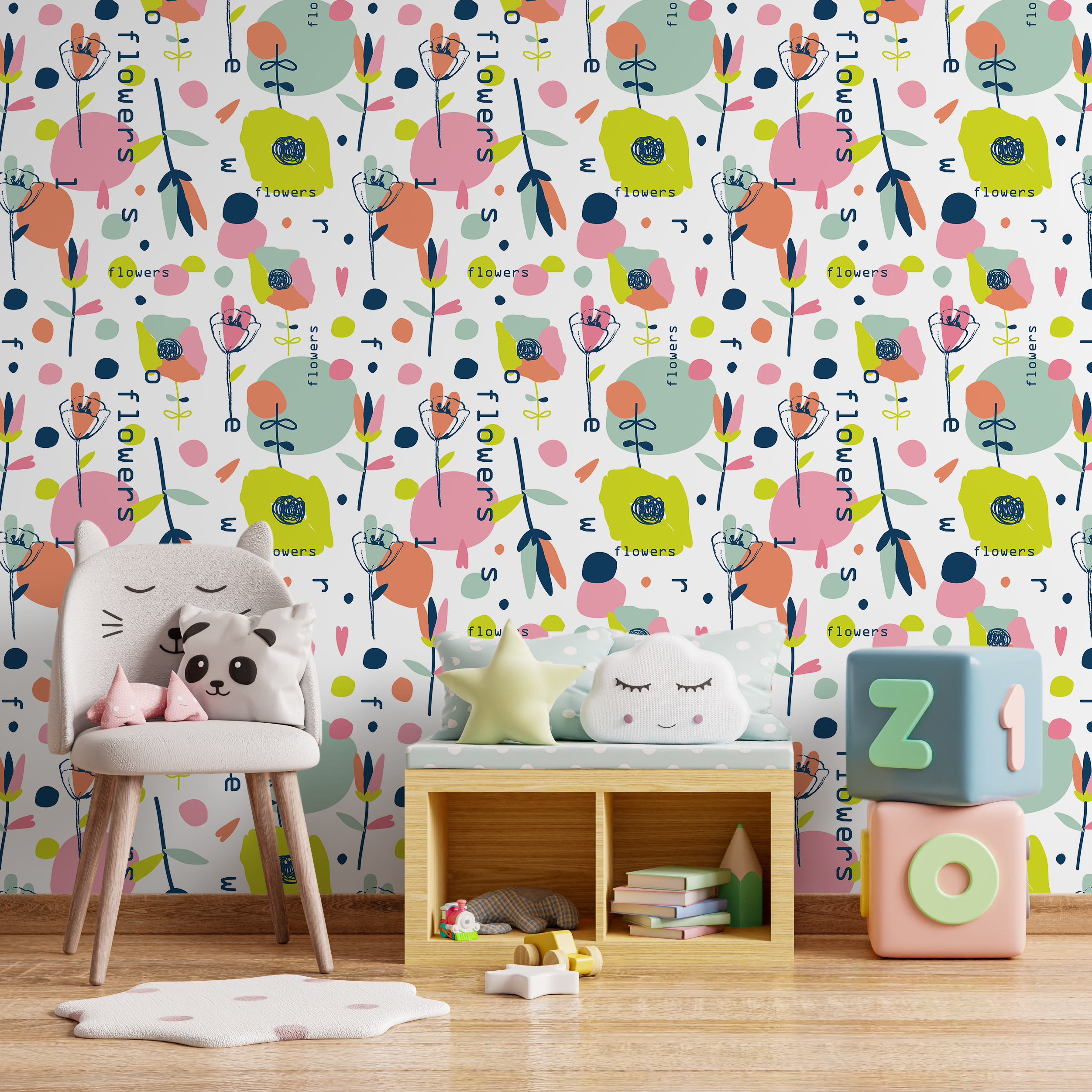 Scandinavian Wallpaper With Abstract Flowers In Pink, Blue, And Green - B170