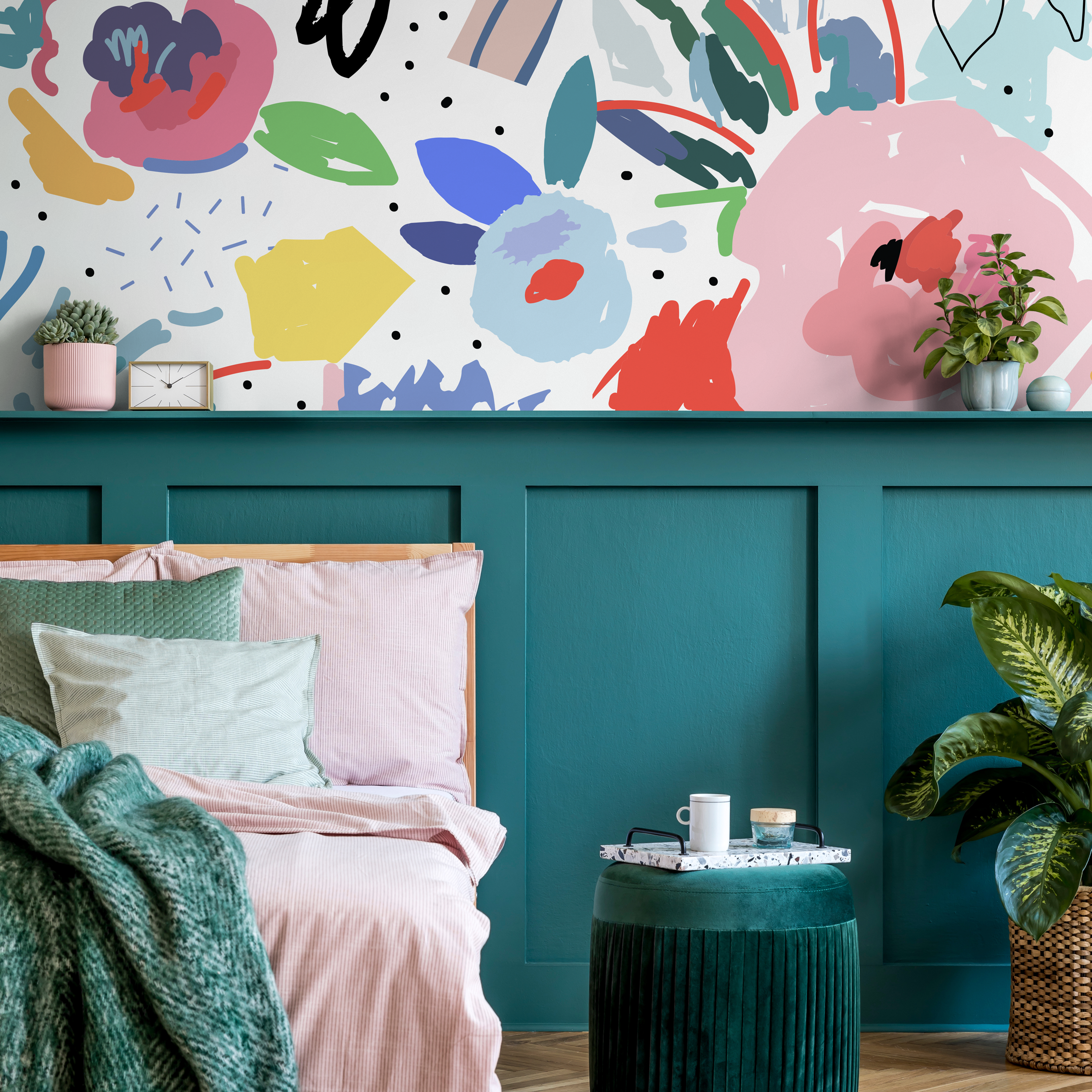 Abstract Wallpaper With Painterly Florals In Pink, Blue, And Red - B172