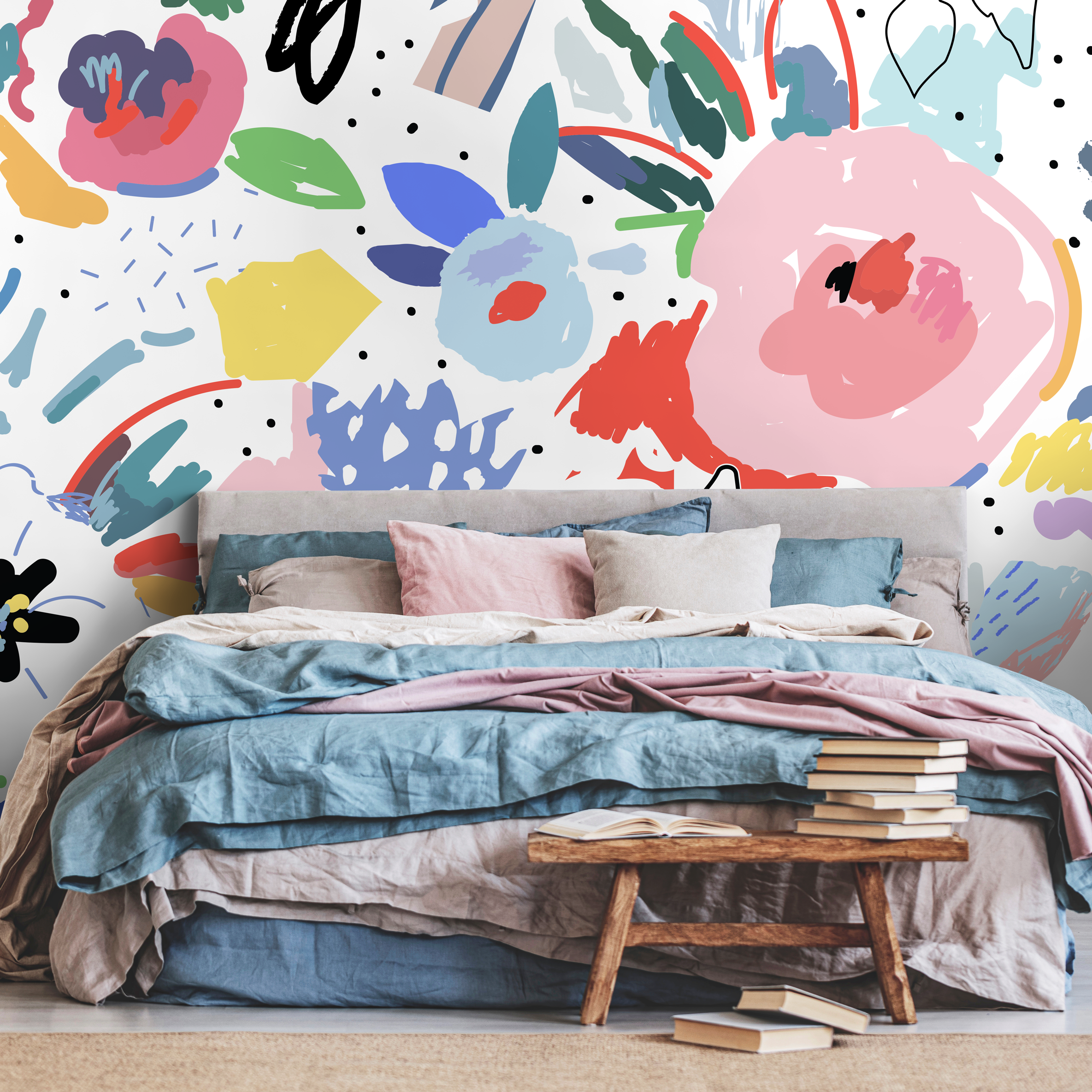 Abstract Wallpaper With Painterly Florals In Pink, Blue, And Red - B172