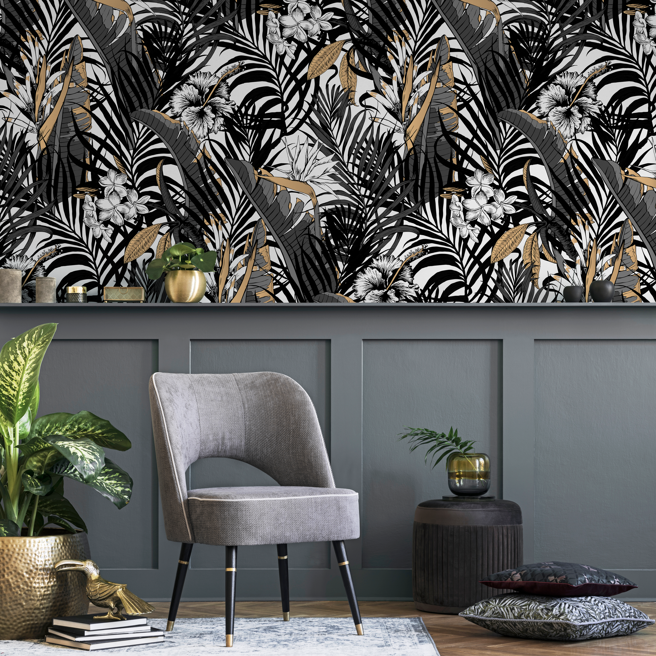 Tropical Wallpaper With Jungle Leaves And Hibiscus In Black, Grey, And Gold - B179