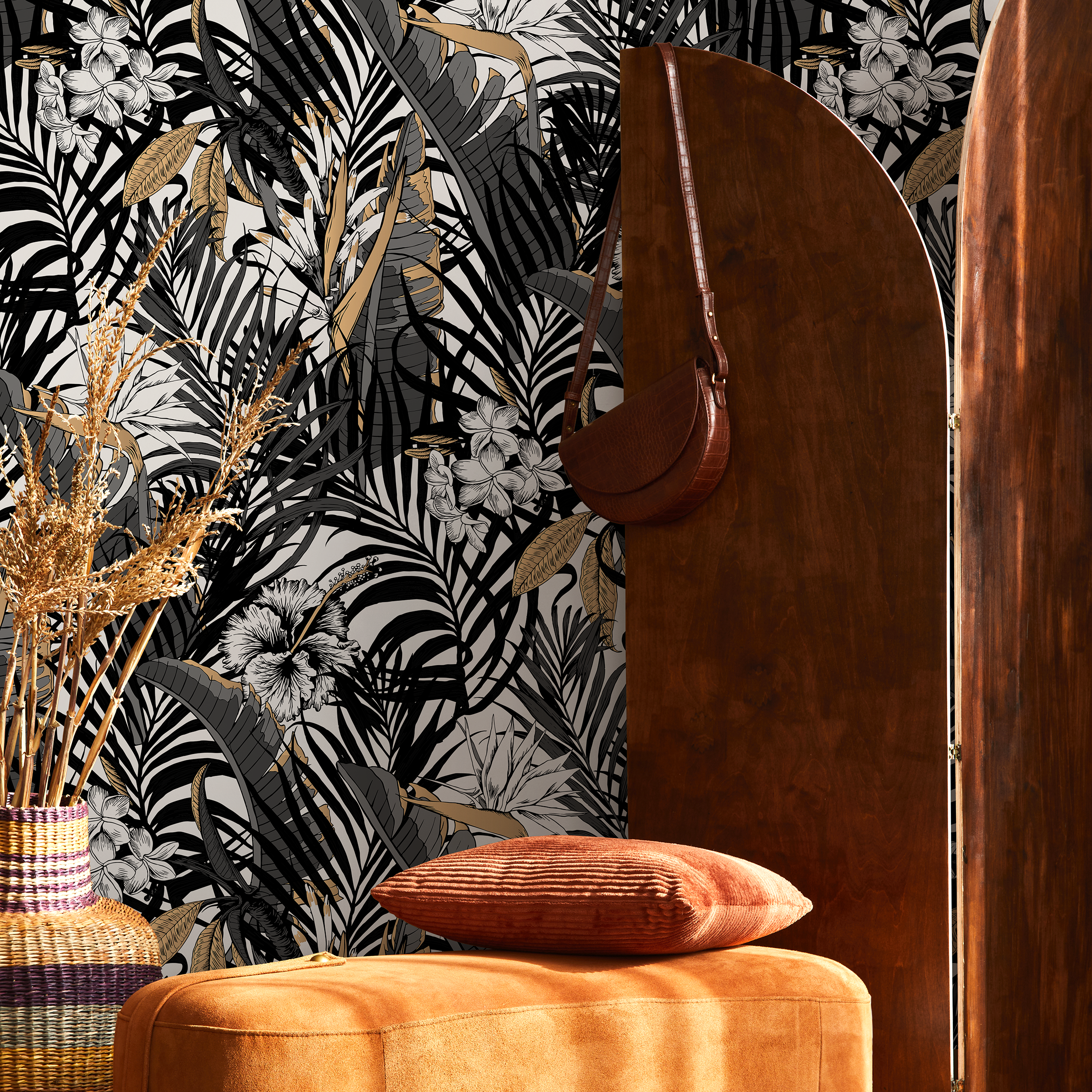 Tropical Wallpaper With Jungle Leaves And Hibiscus In Black, Grey, And Gold - B179