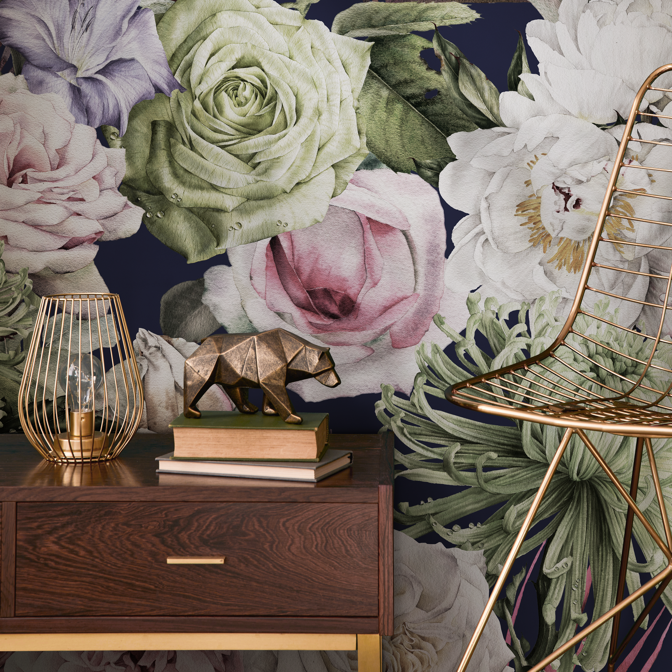 Floral Wallpaper With A Dramatic Bouquet Of Roses In Navy, Pink, And Green - B180