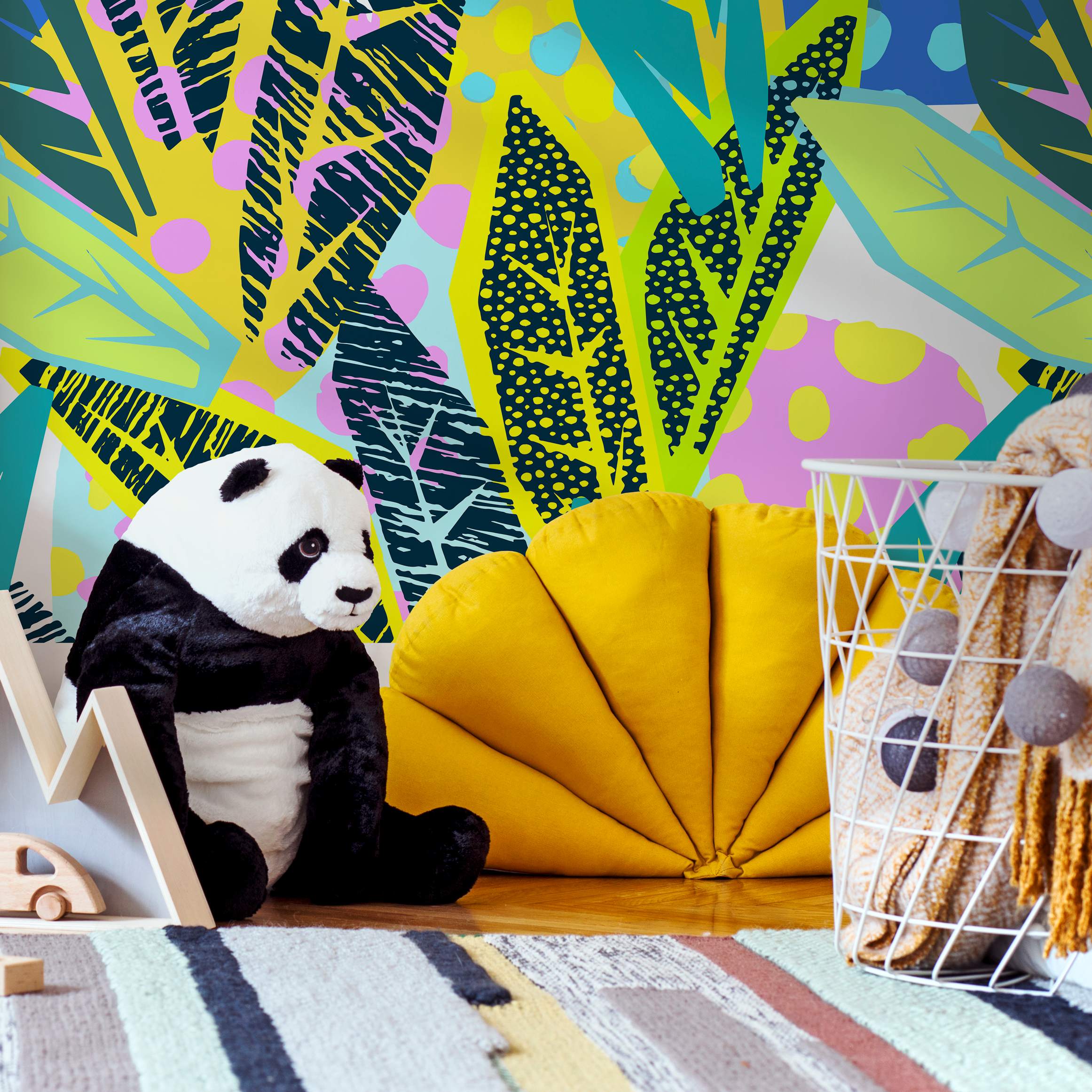 Abstract Botanical Wallpaper With A Colorful Leaf Collage In Yellow, Blue, And Pink - B181