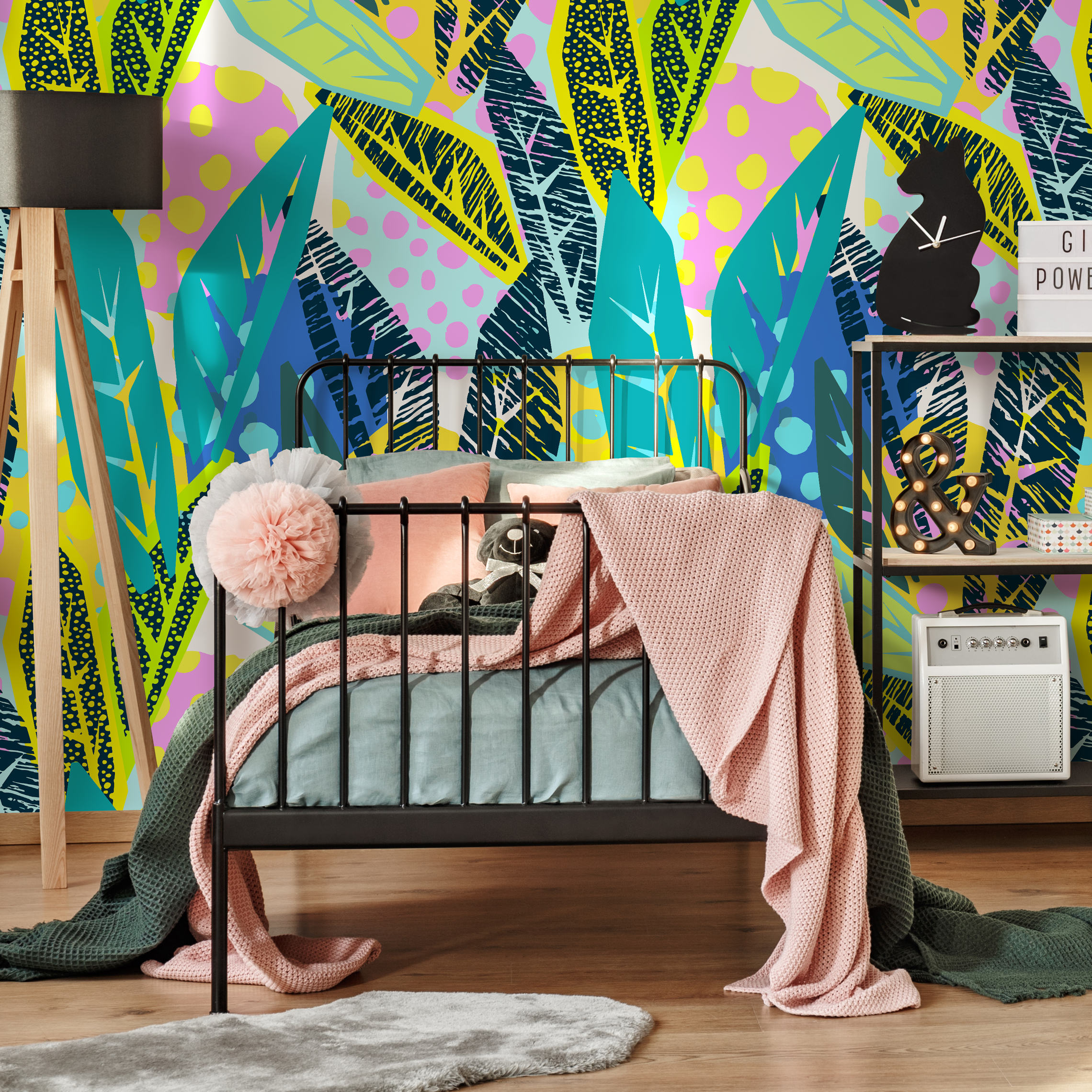 Abstract Botanical Wallpaper With A Colorful Leaf Collage In Yellow, Blue, And Pink - B181