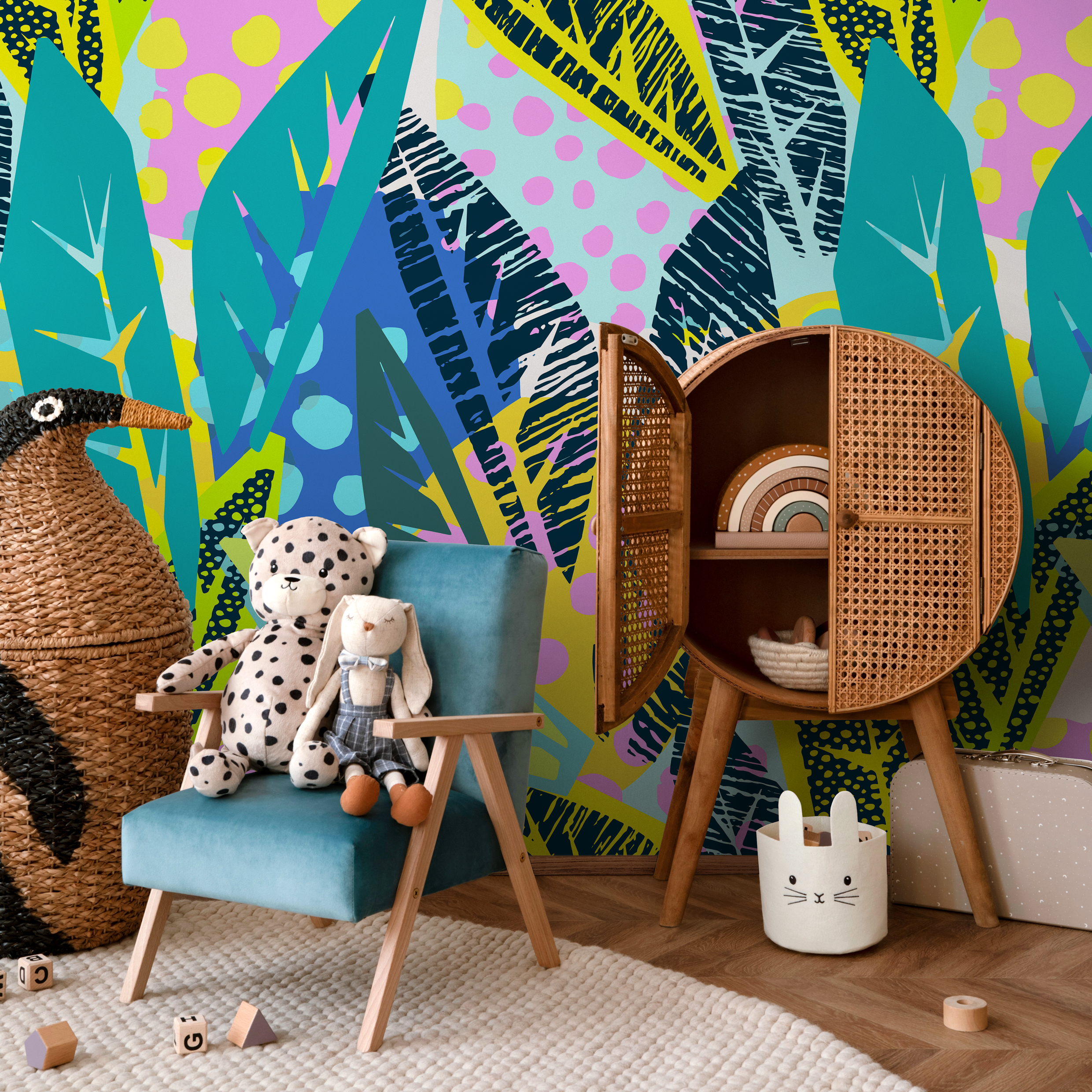 Abstract Botanical Wallpaper With A Colorful Leaf Collage In Yellow, Blue, And Pink - B181