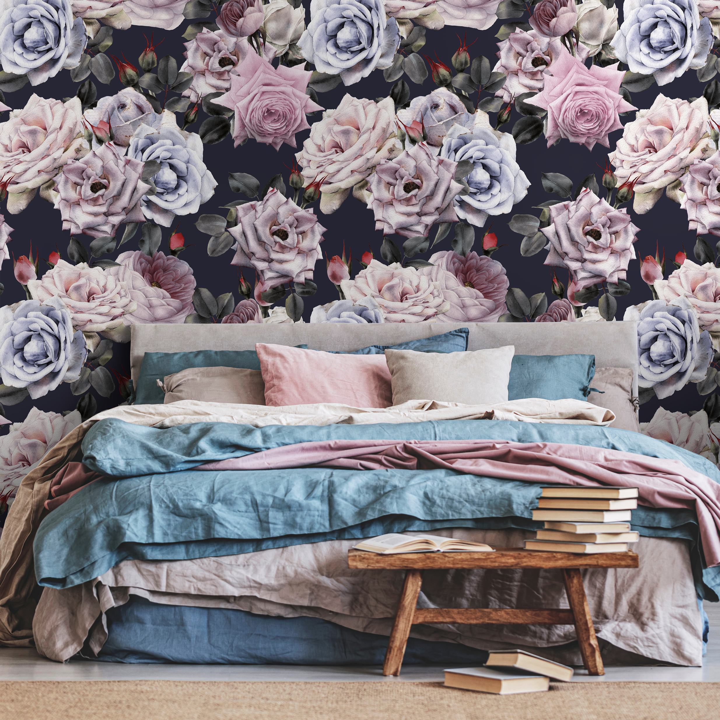 Vintage Wallpaper With A Dark Floral Rose Motif In Pink And Blue - B184