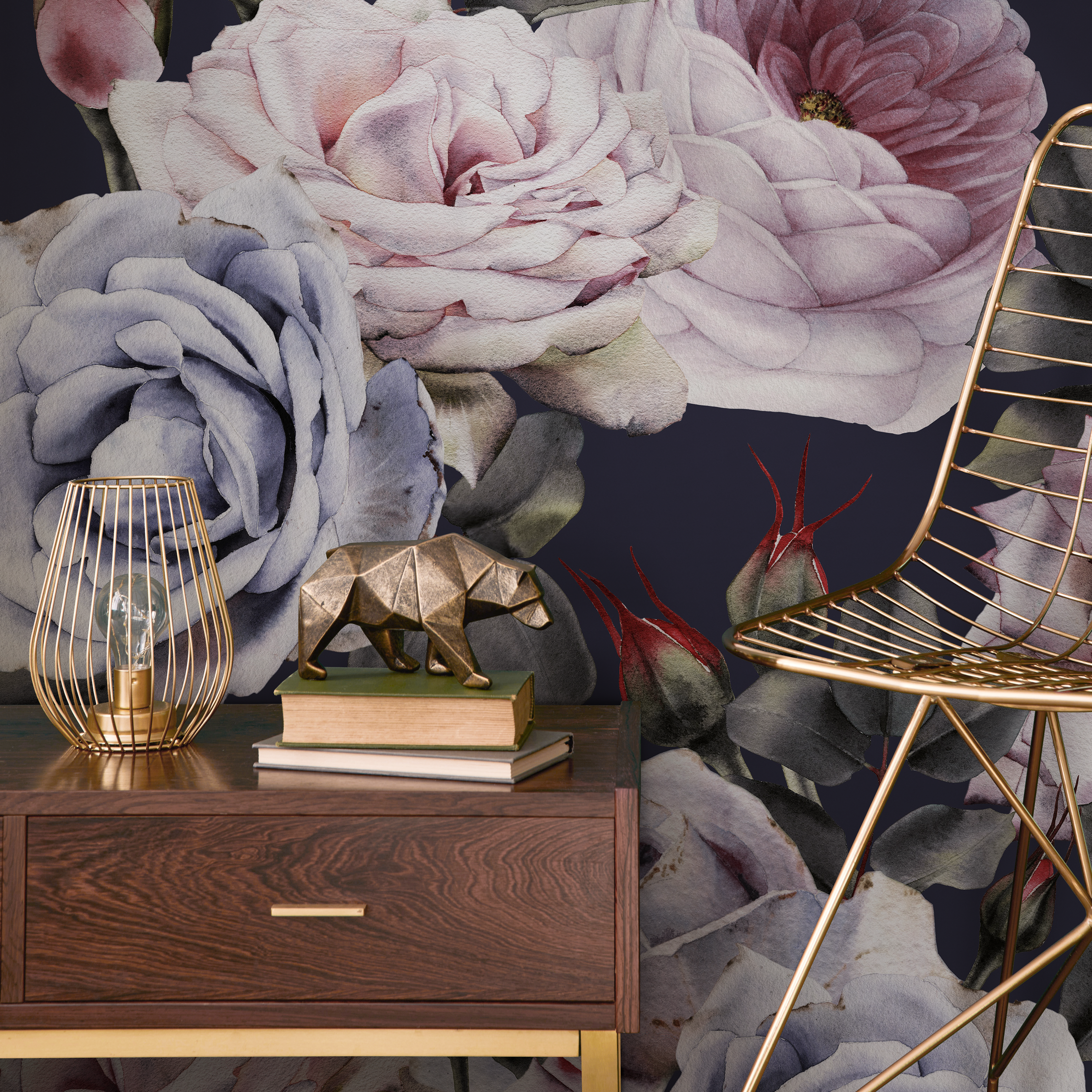 Vintage Wallpaper With A Dark Floral Rose Motif In Pink And Blue - B184