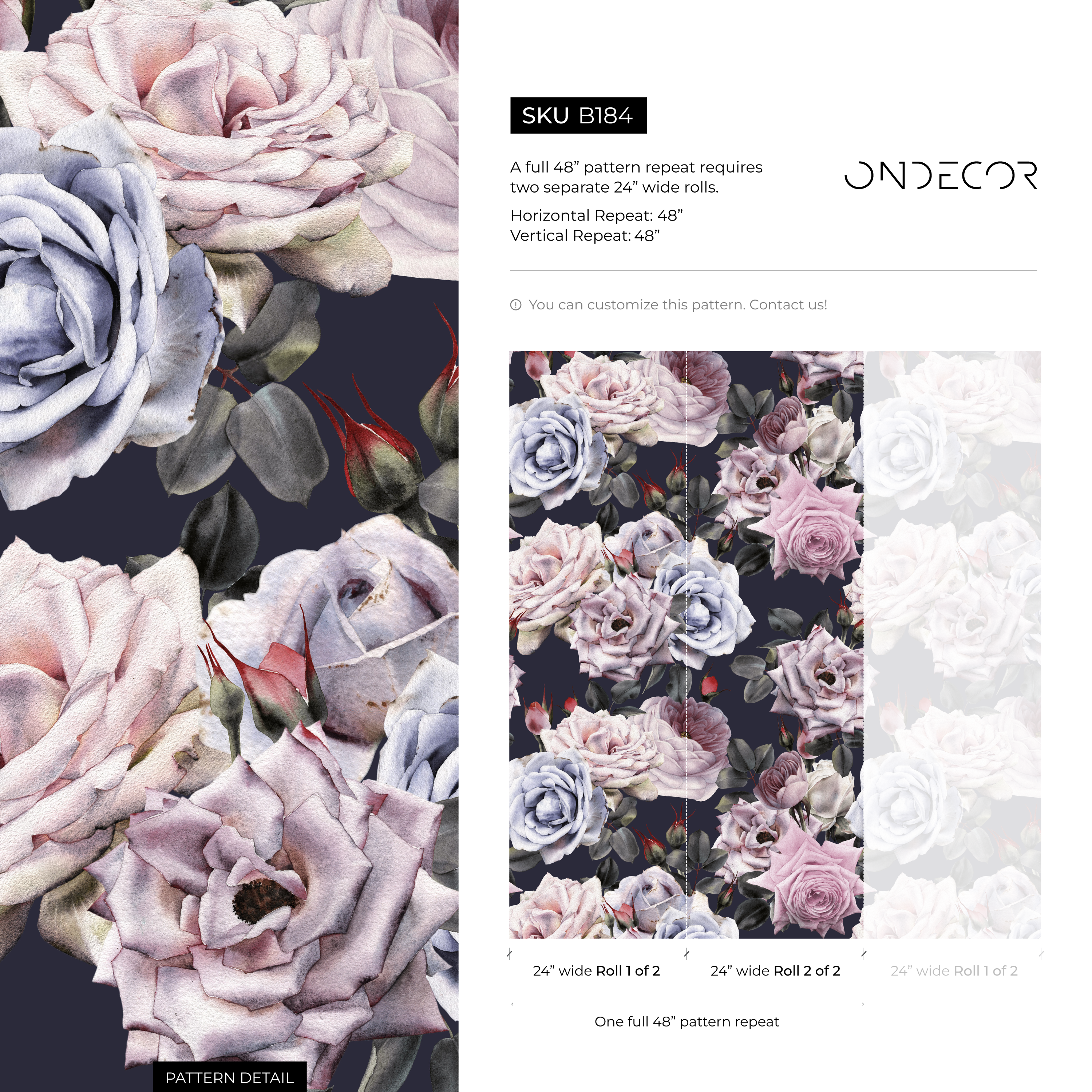 Vintage Wallpaper With A Dark Floral Rose Motif In Pink And Blue - B184