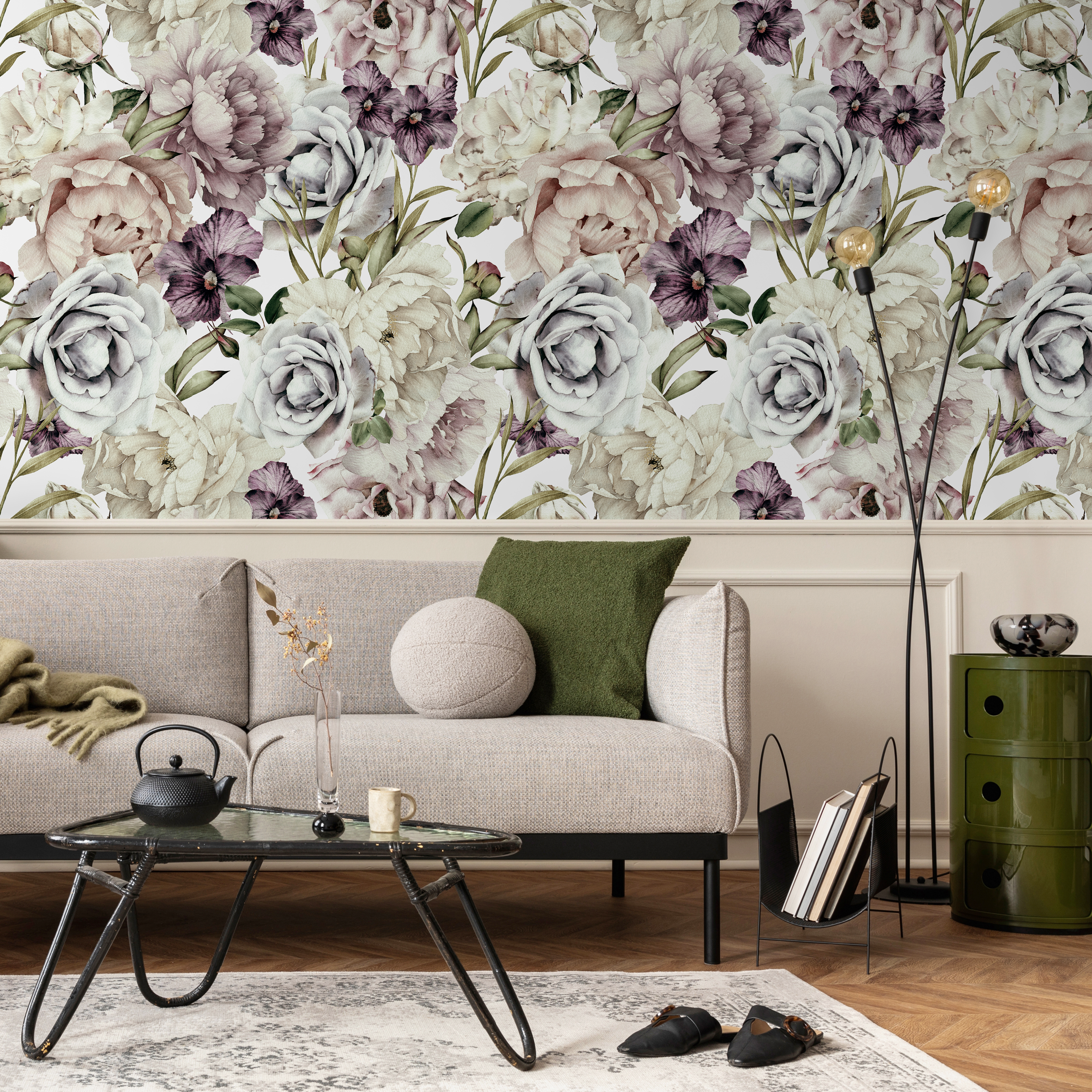 Floral Wallpaper With Vintage Peonies And Roses In Mauve And Purple - B185