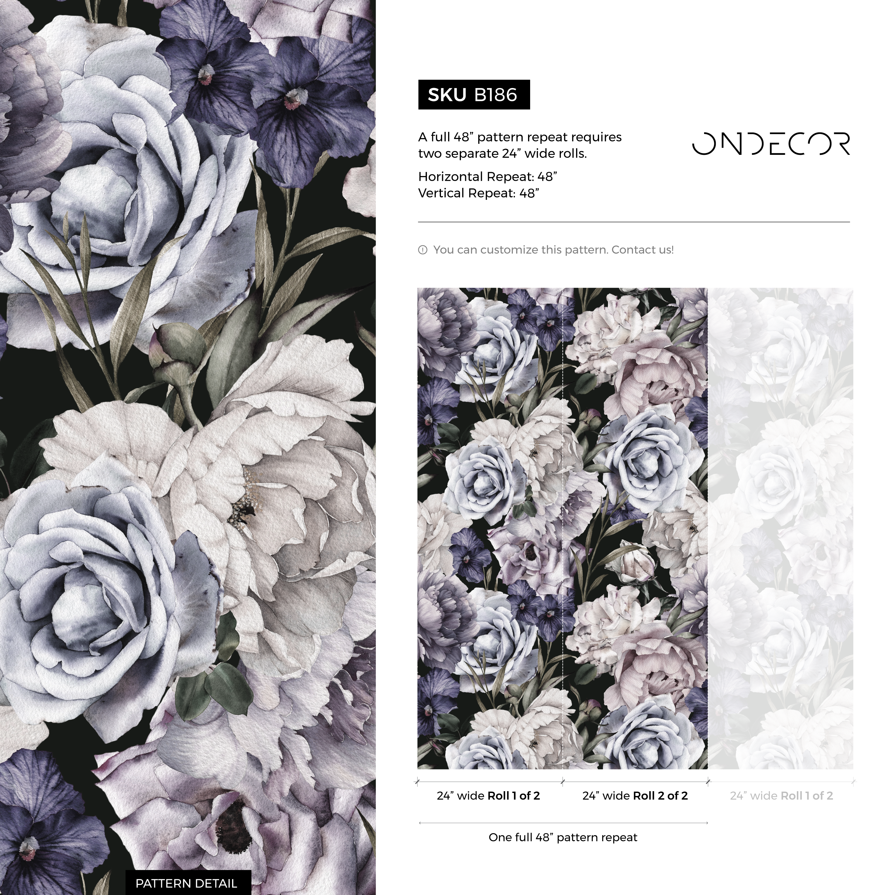 Floral Wallpaper With Vintage Peonies And Roses In Purple, Grey, And Black - B186