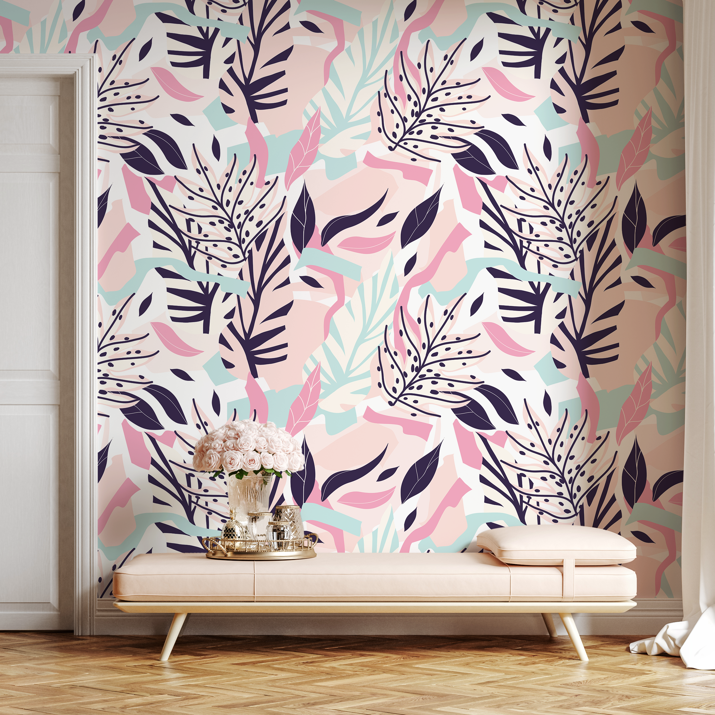 Botanical Wallpaper With Stylized Leaves In Pink, Blue, And Purple - B188