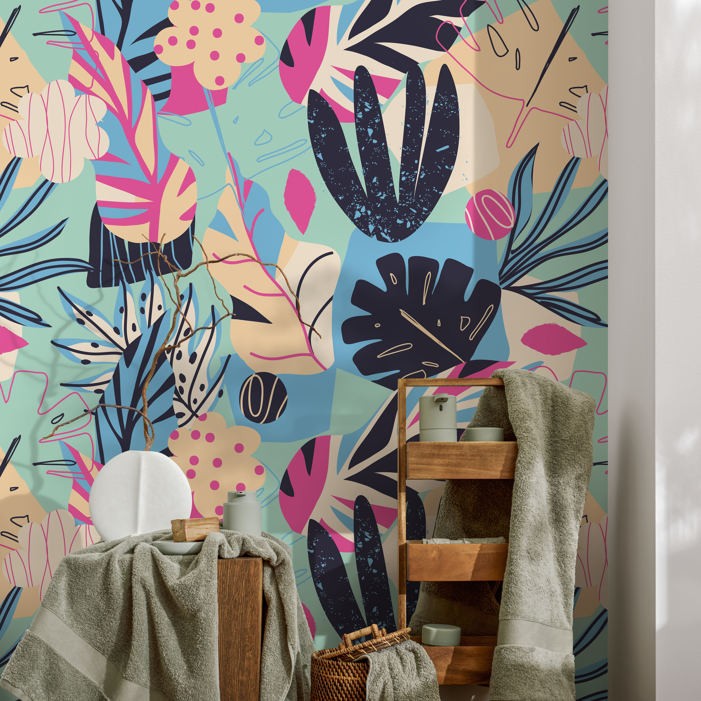 Abstract Wallpaper With Colorful Botanical Leaves In Blue, Pink, And Beige - B189