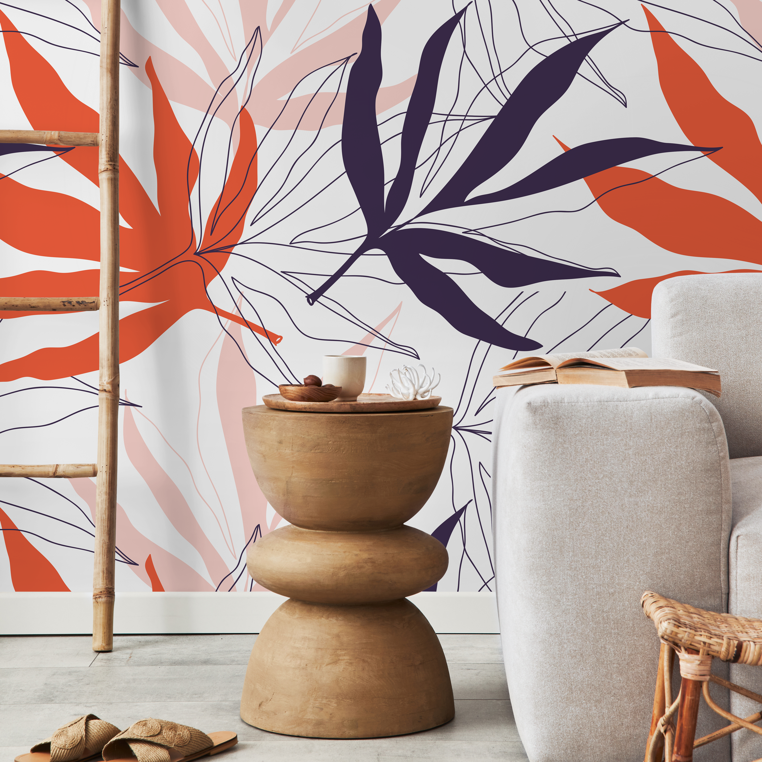 Botanical Wallpaper With Abstract Tropical Leaves In Purple And Orange - B190