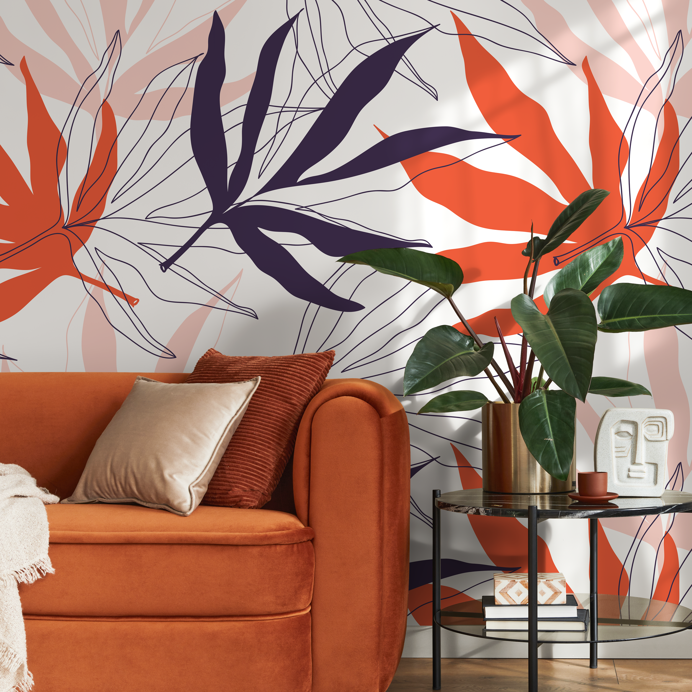 Botanical Wallpaper With Abstract Tropical Leaves In Purple And Orange - B190