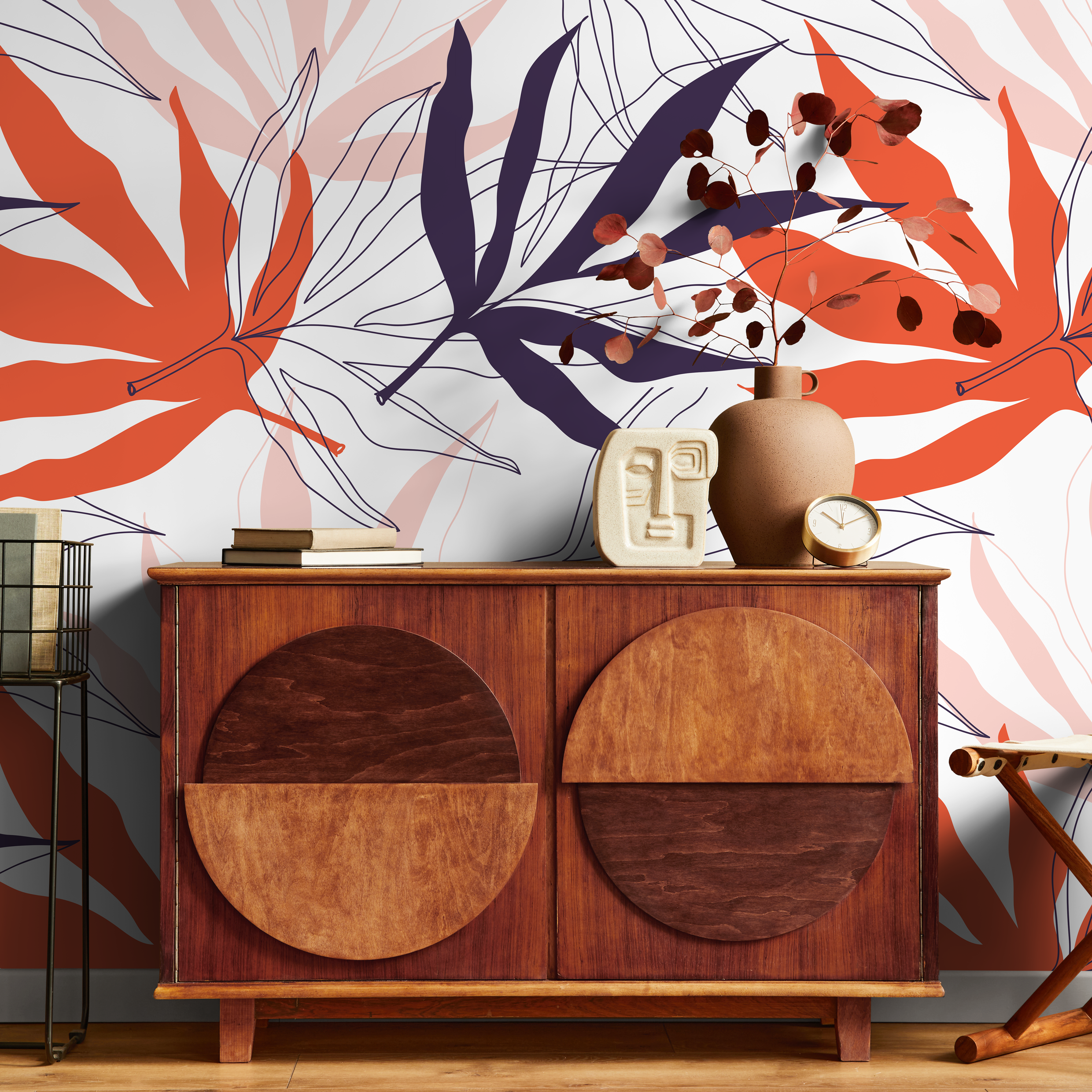 Botanical Wallpaper With Abstract Tropical Leaves In Purple And Orange - B190