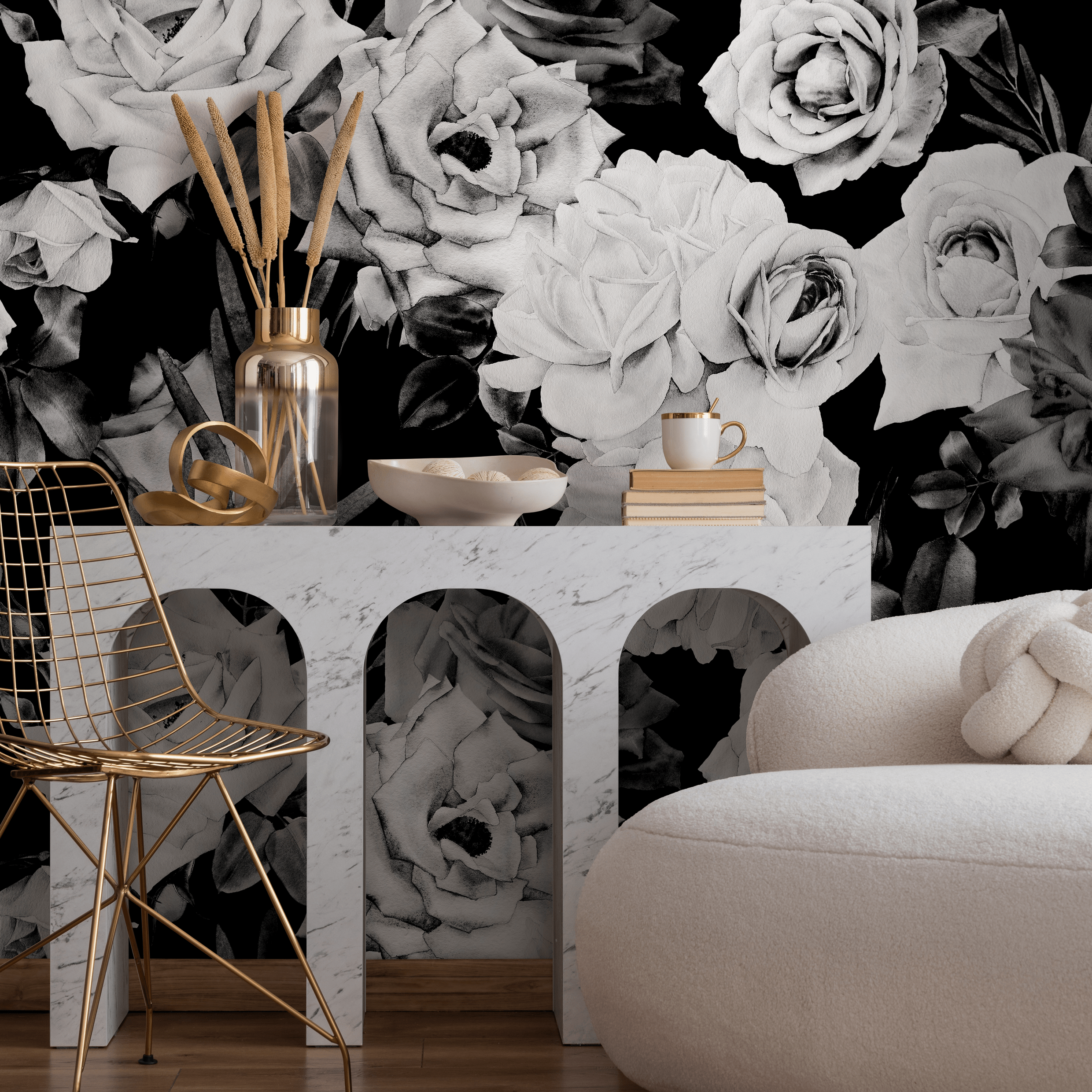 Floral Wallpaper With A Dramatic Rose Motif In Black And White - B192