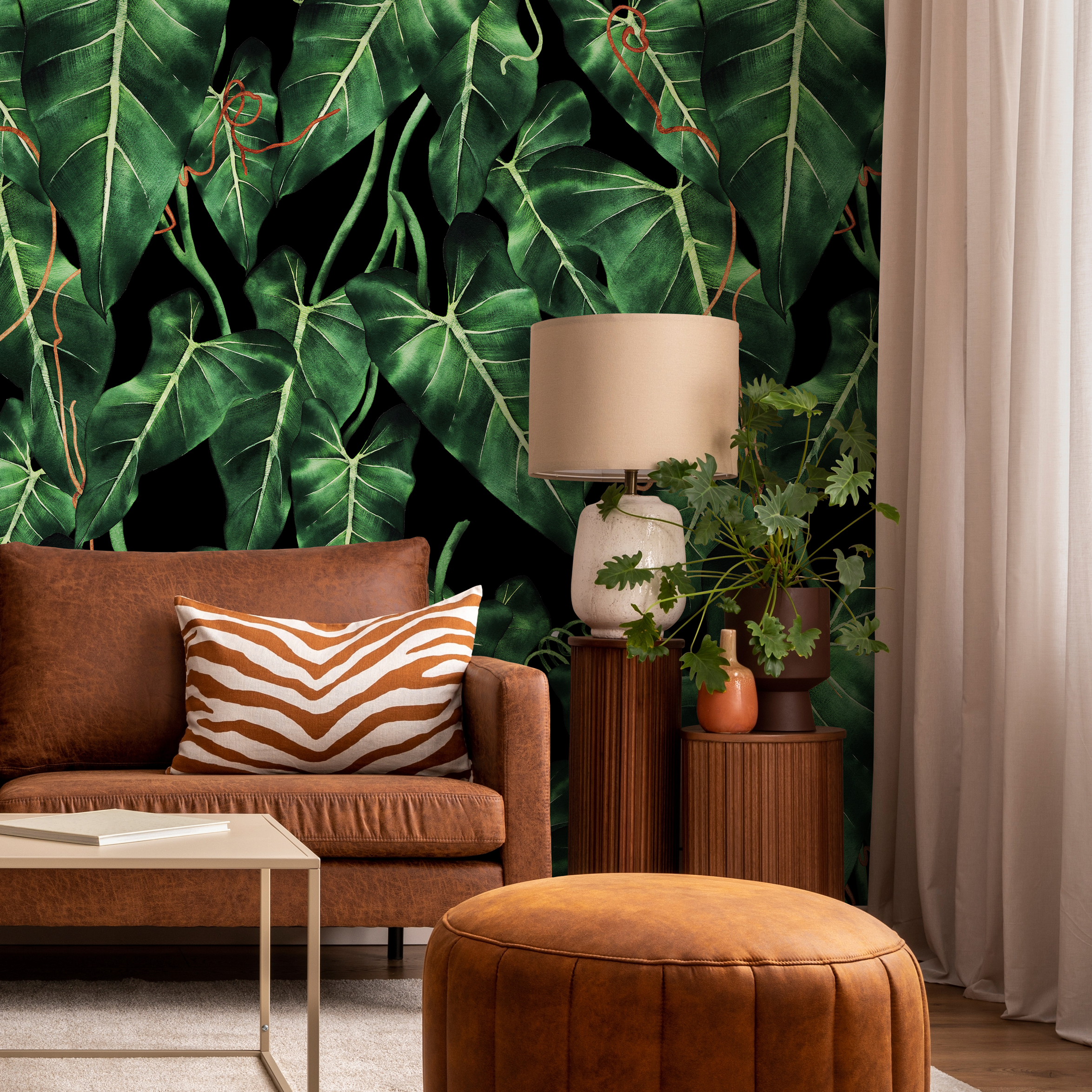 Tropical Wallpaper With Philodendron Leaves In Green, Black, And Orange - B193