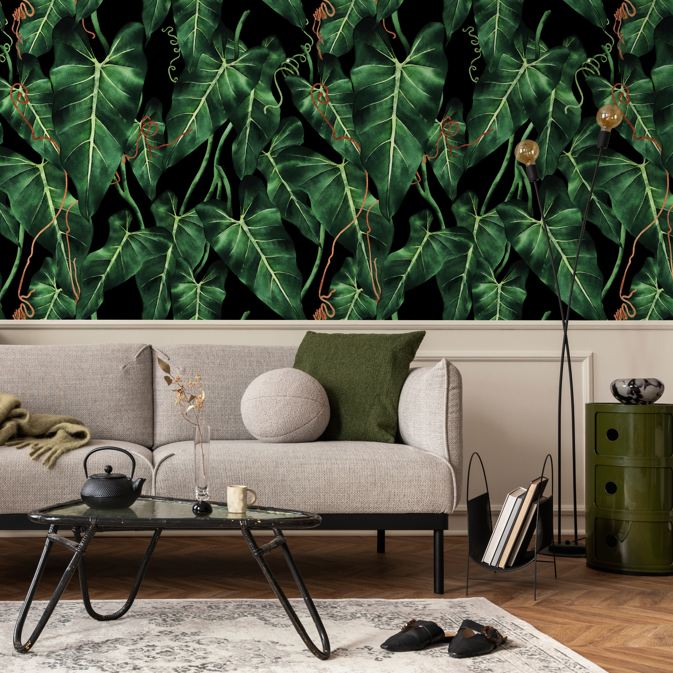 Tropical Wallpaper With Philodendron Leaves In Green, Black, And Orange - B193