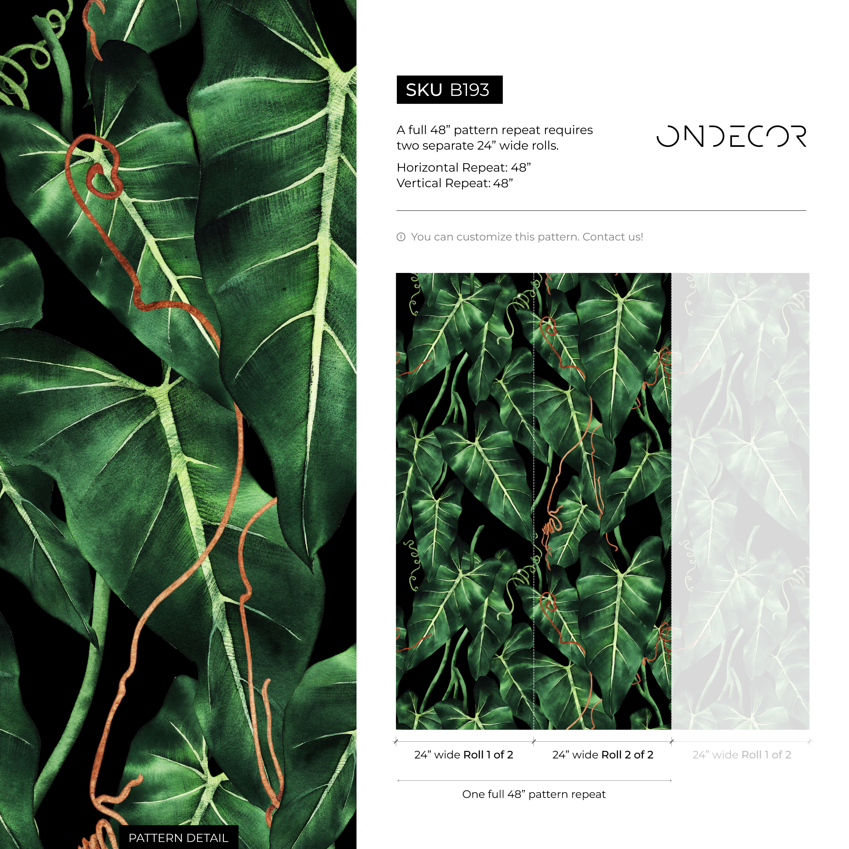 Tropical Wallpaper With Philodendron Leaves In Green, Black, And Orange - B193
