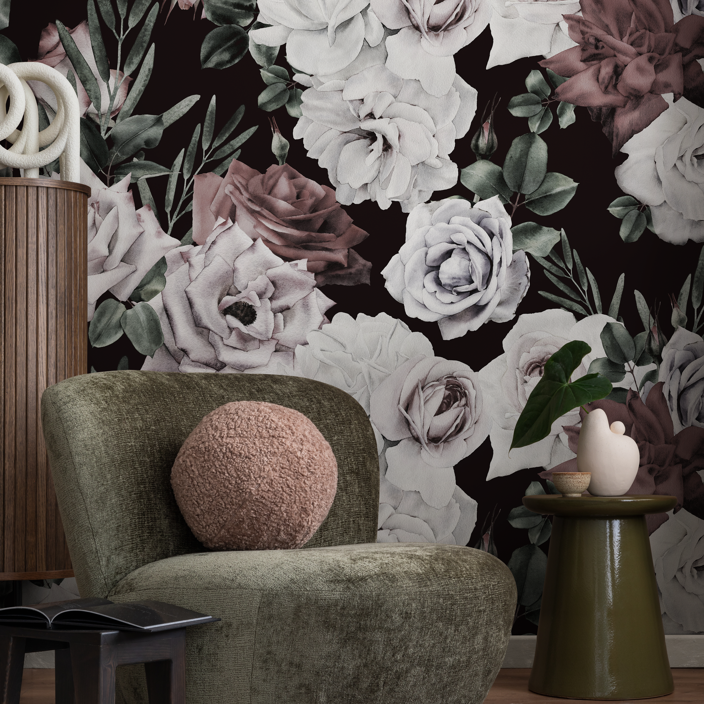 Floral Wallpaper With Vintage Roses In Cream, Mauve, And Green - B194