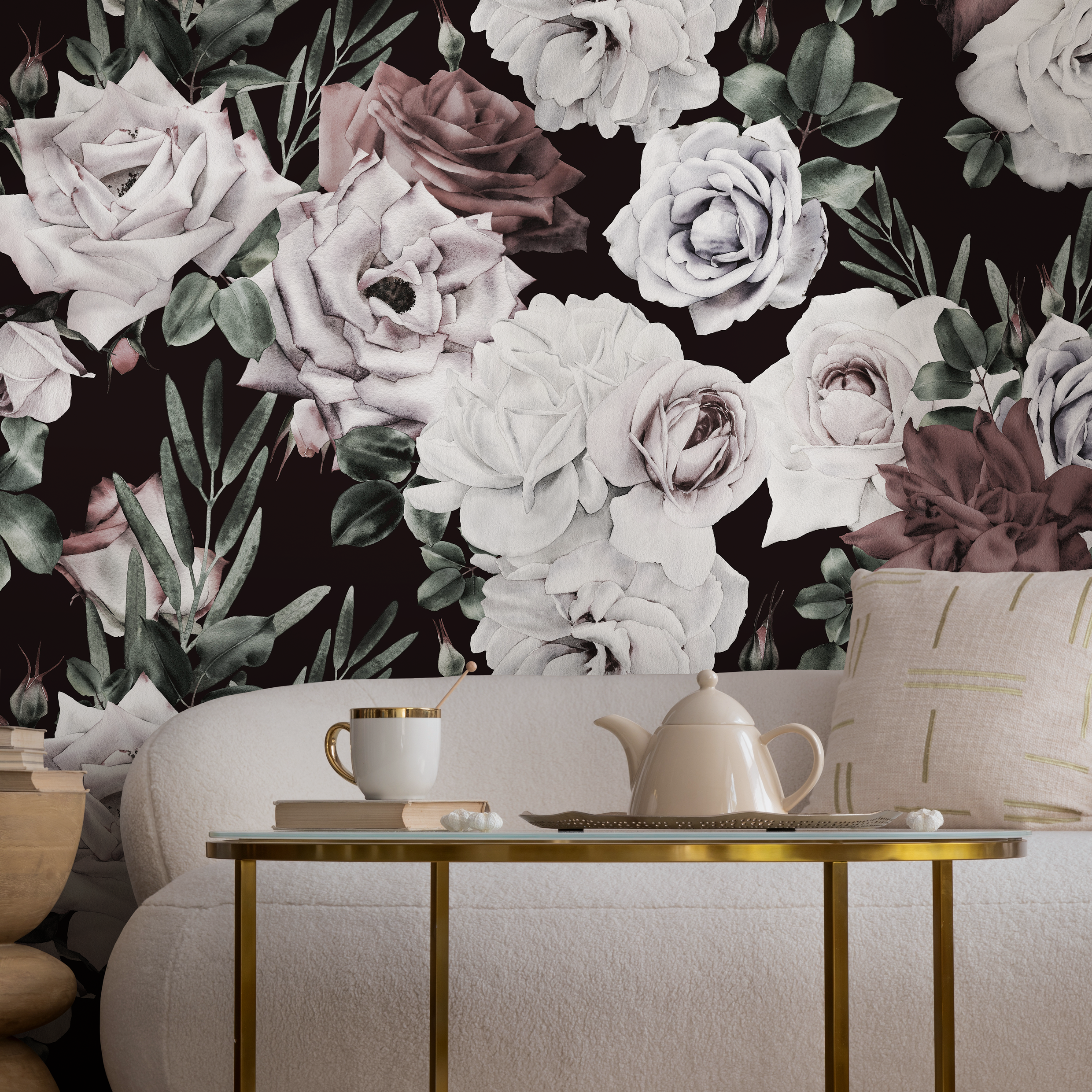 Floral Wallpaper With Vintage Roses In Cream, Mauve, And Green - B194