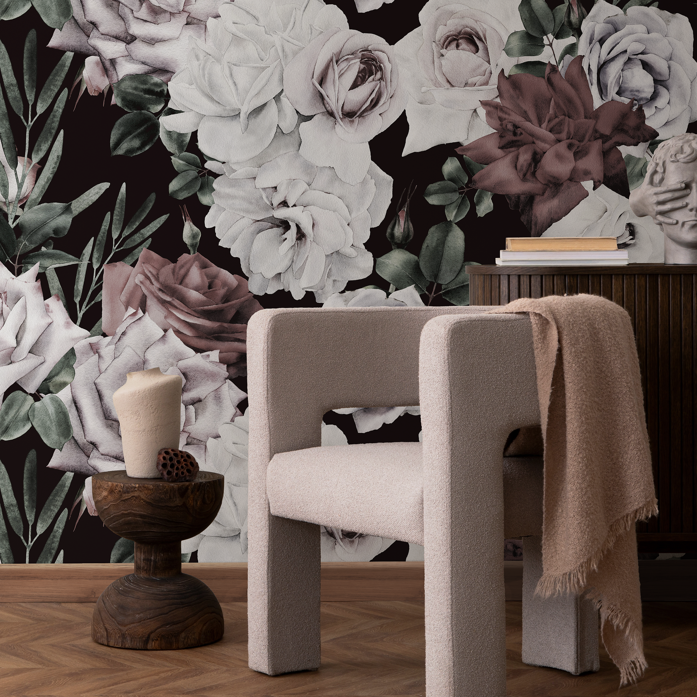 Floral Wallpaper With Vintage Roses In Cream, Mauve, And Green - B194