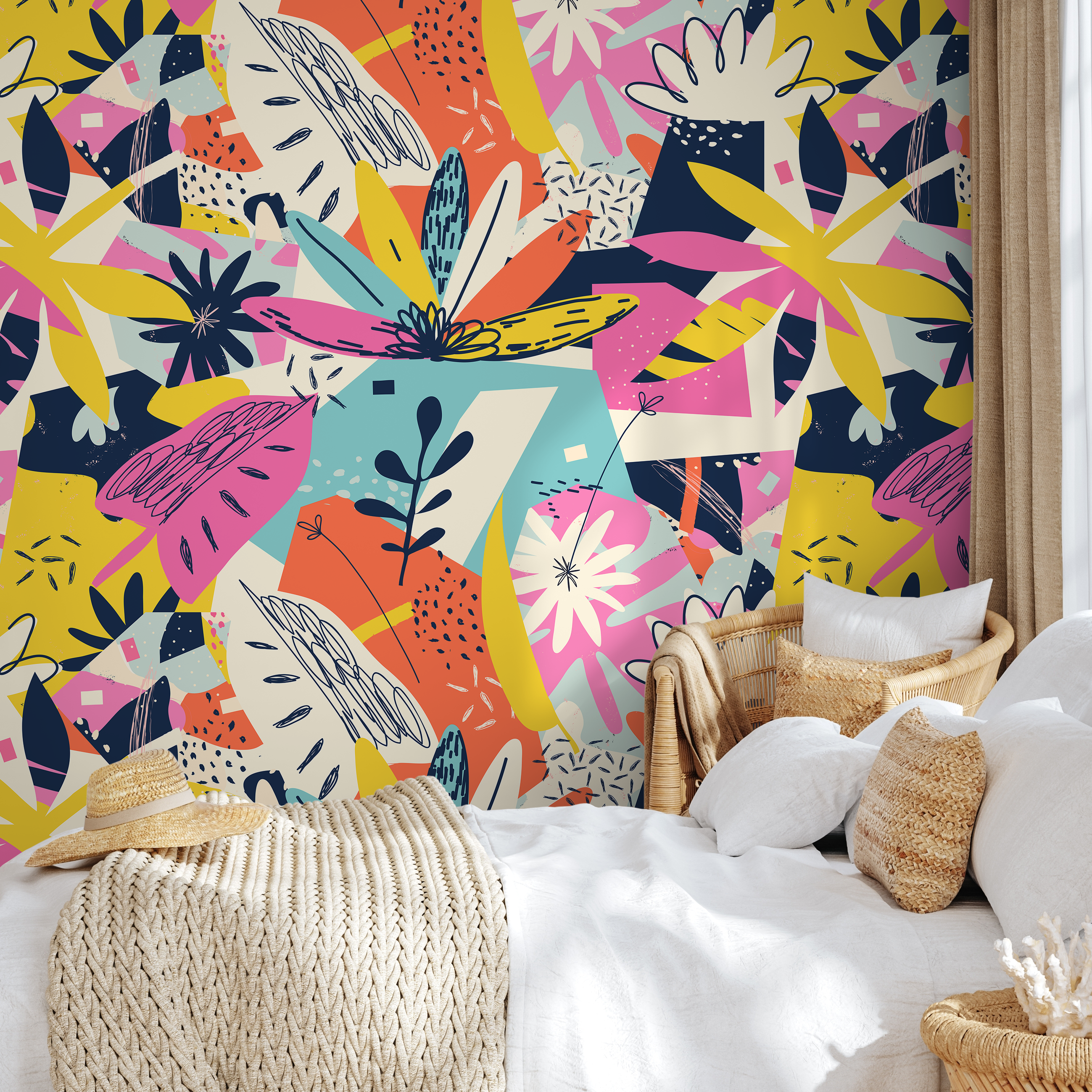 Abstract Wallpaper With A Colorful Collage Of Shapes In Pink And Yellow - B195