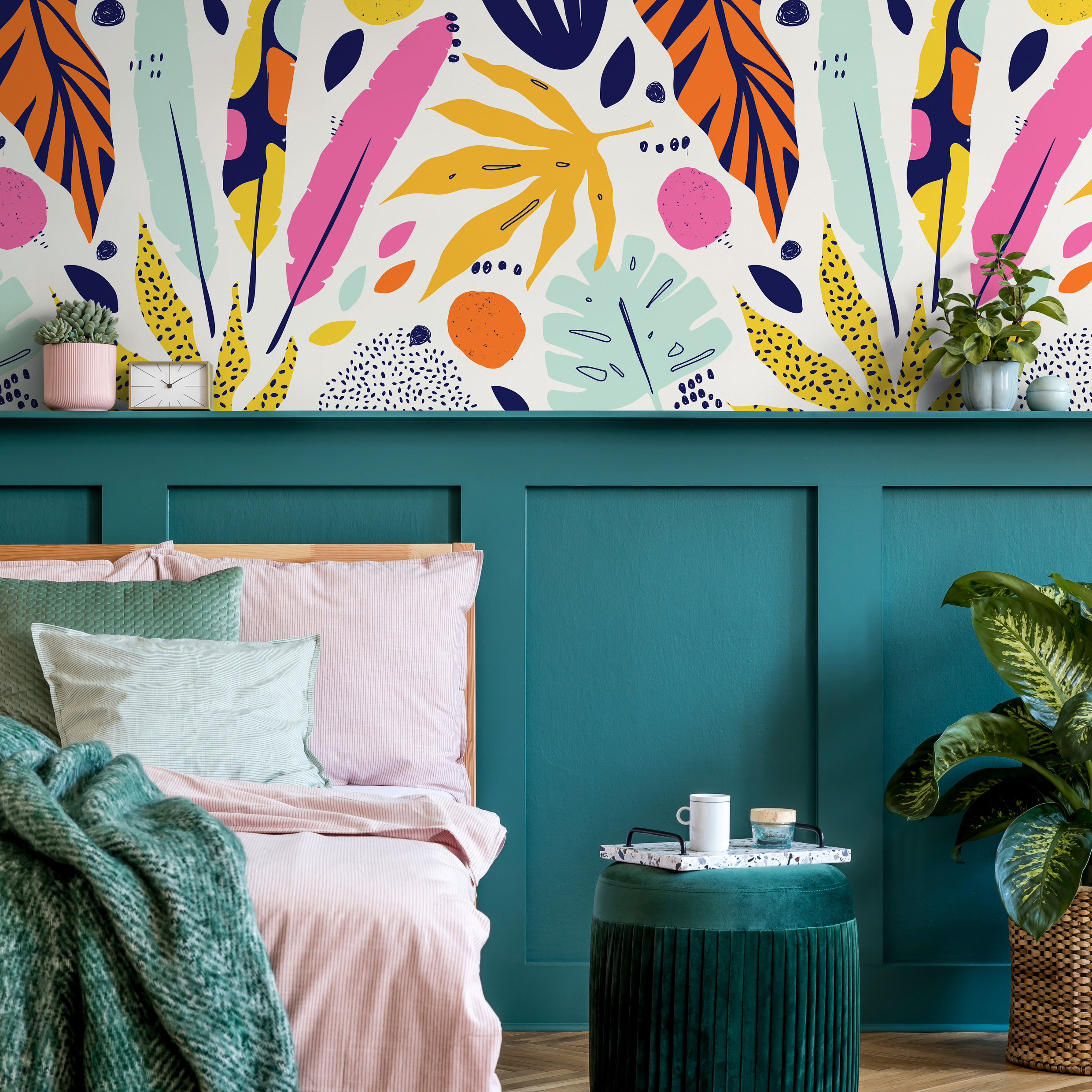 Abstract Wallpaper With A Tropical Leaf Collage In Yellow, Pink, And Blue - B196