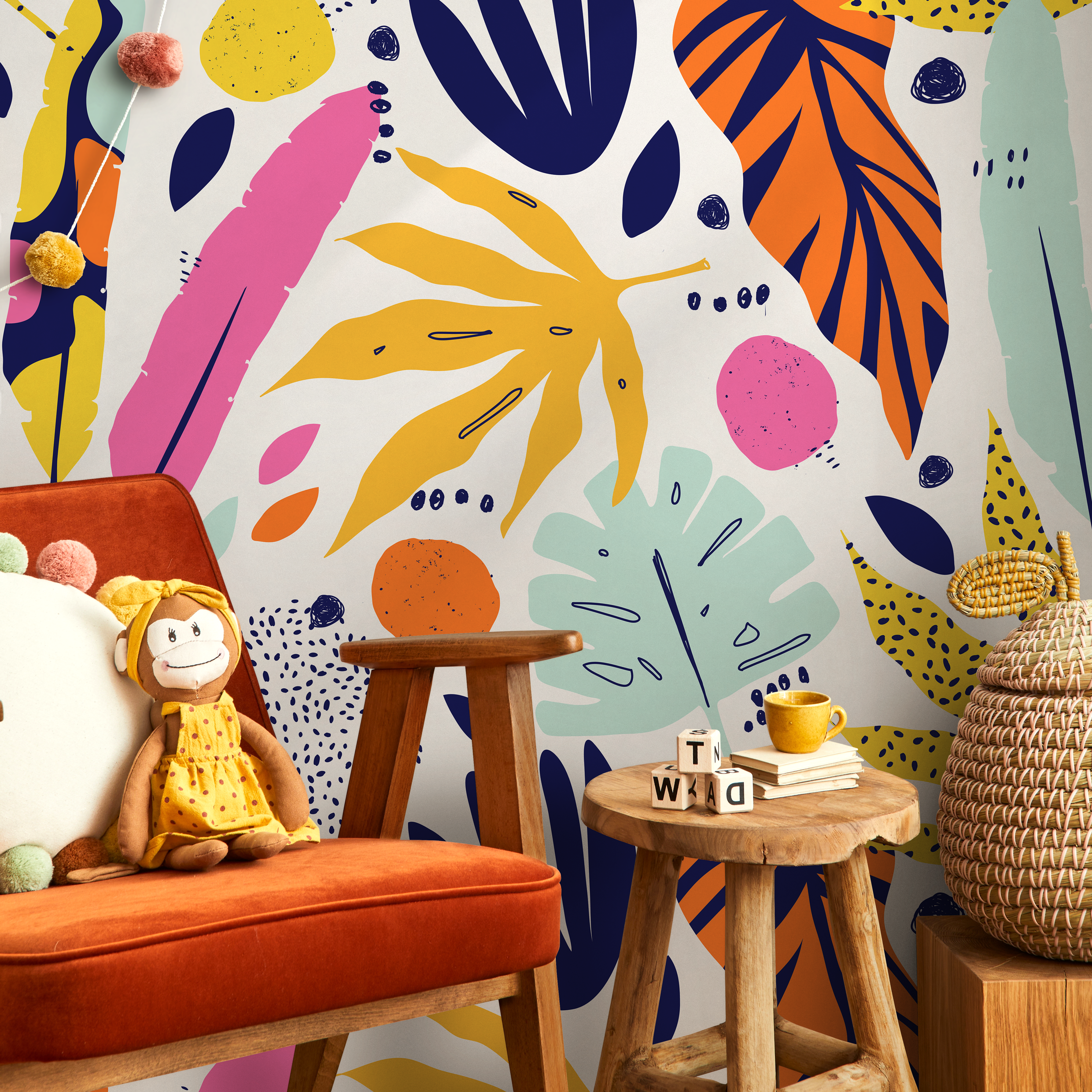 Abstract Wallpaper With A Tropical Leaf Collage In Yellow, Pink, And Blue - B196