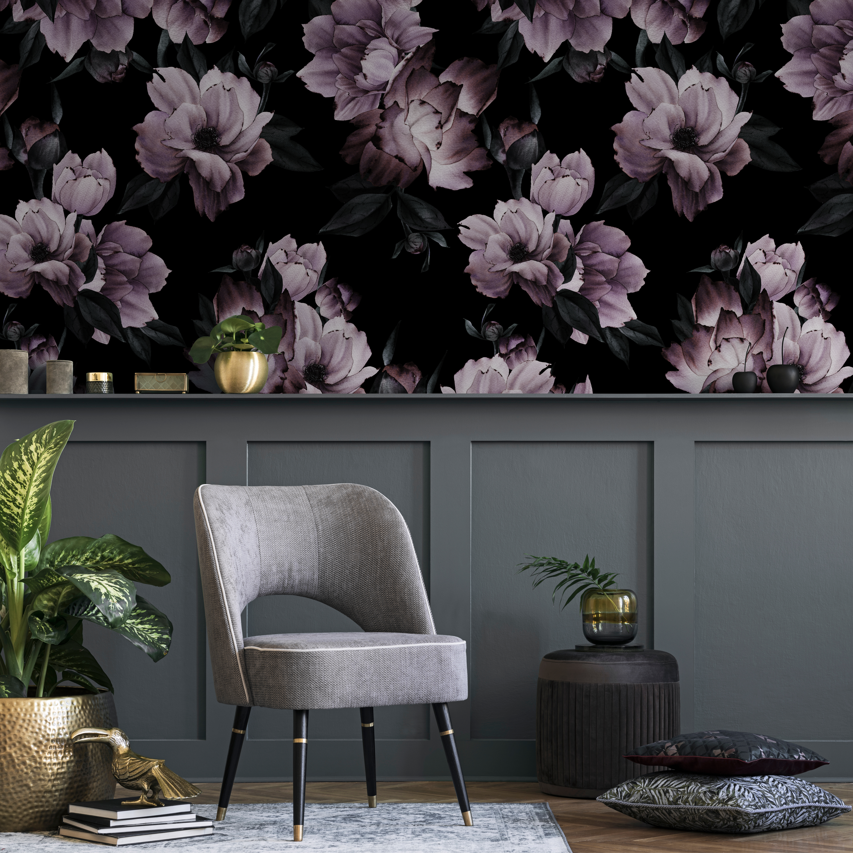 Floral Wallpaper With Large Moody Peonies In Purple And Black - B197