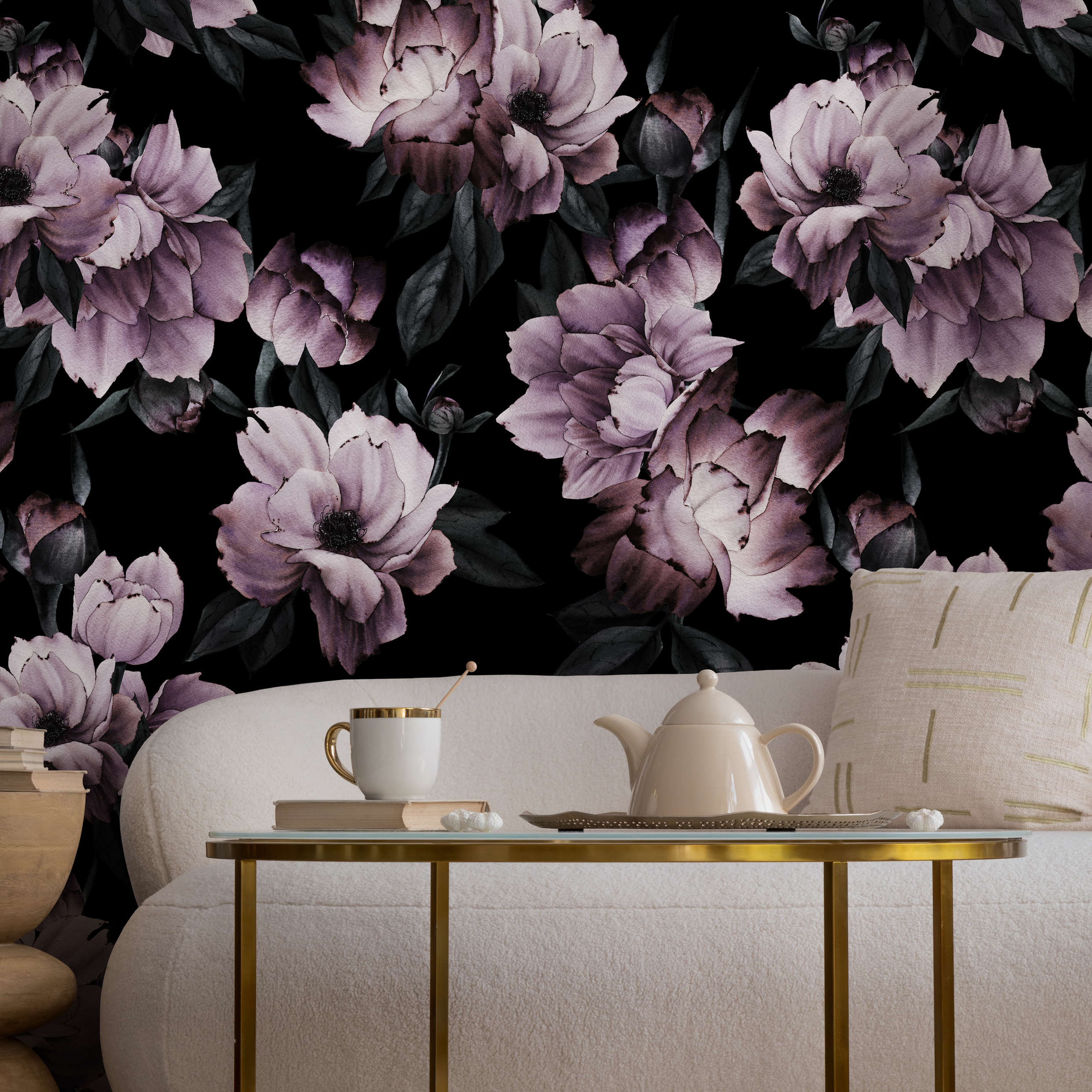 Floral Wallpaper With Large Moody Peonies In Purple And Black - B197