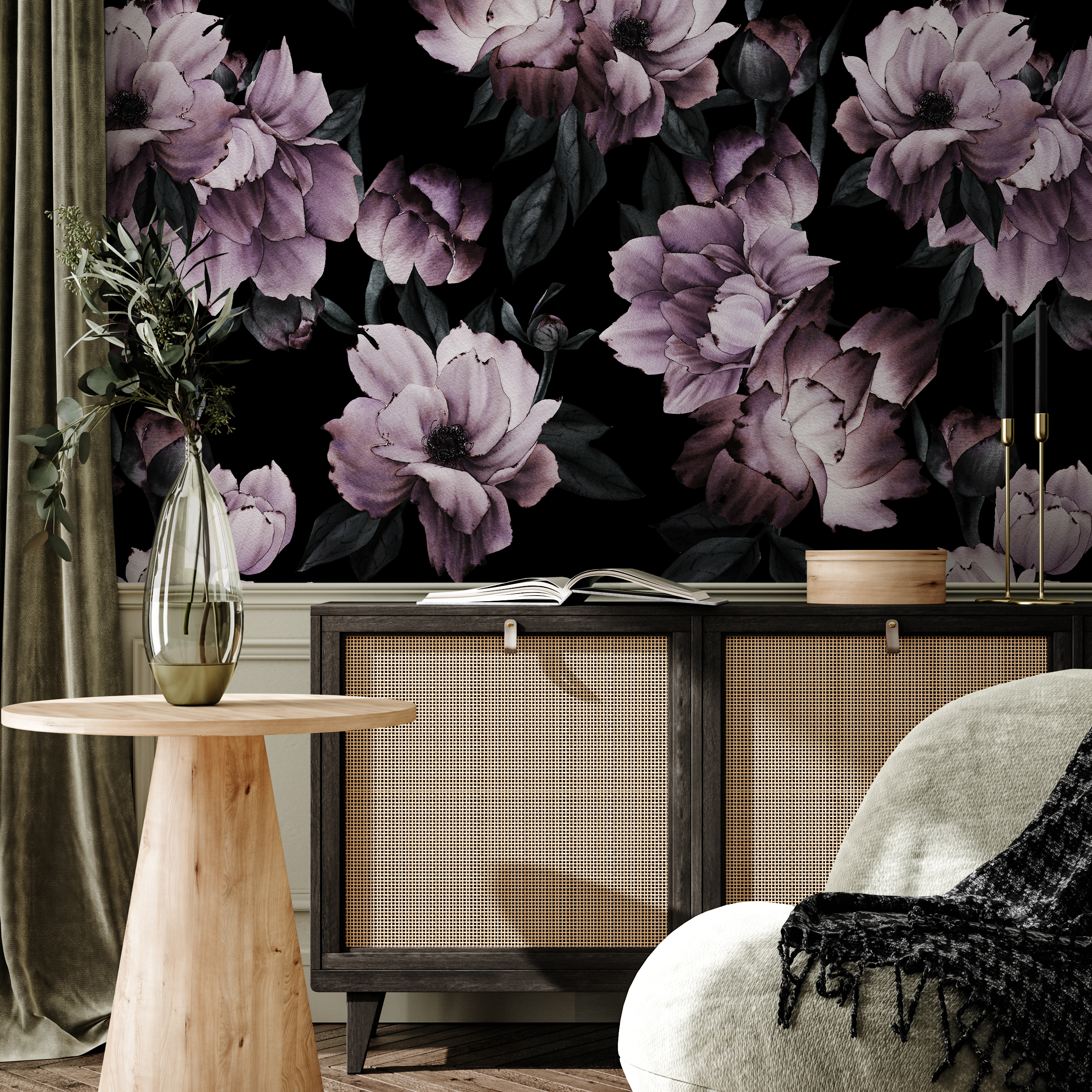 Floral Wallpaper With Large Moody Peonies In Purple And Black - B197