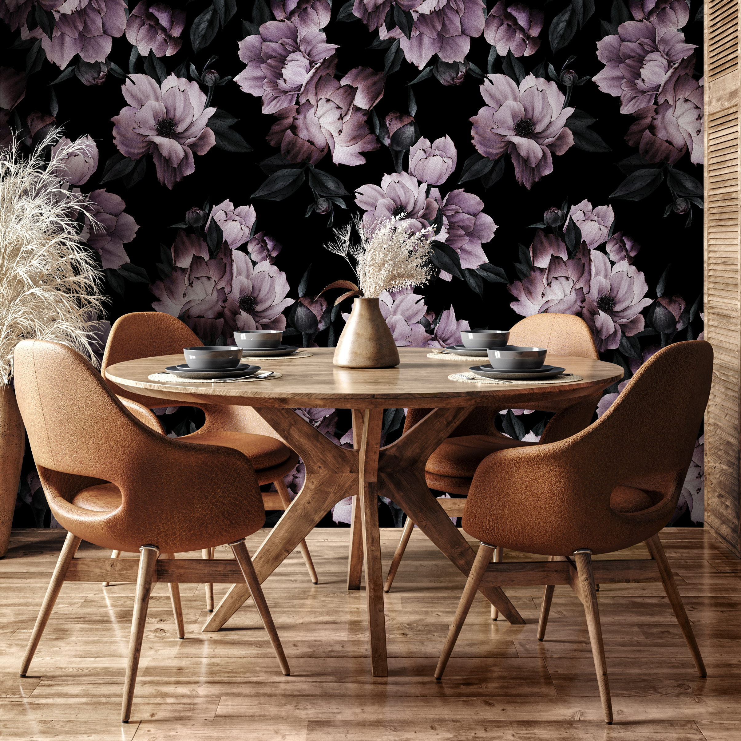 Floral Wallpaper With Large Moody Peonies In Purple And Black - B197