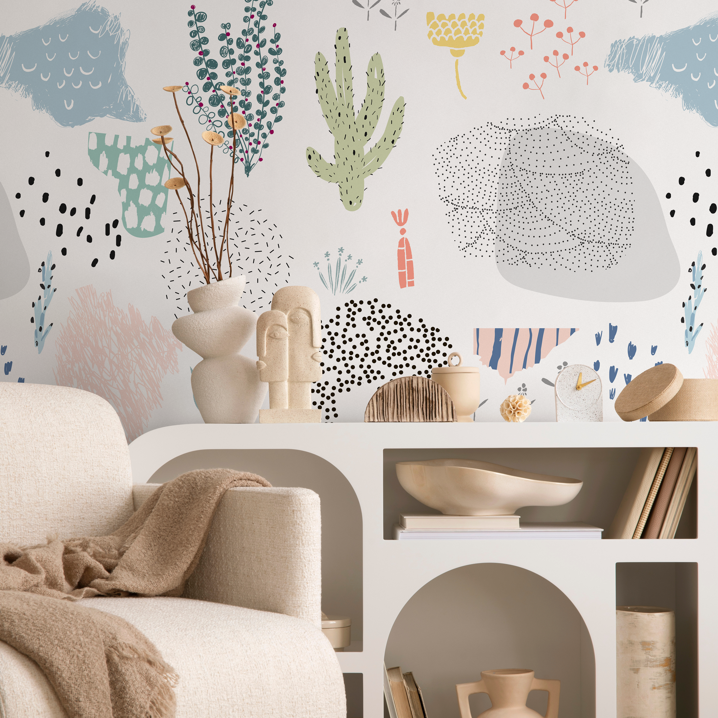 Abstract Wallpaper With Whimsical Cacti And Plants In Blue, Pink, And Green - B203