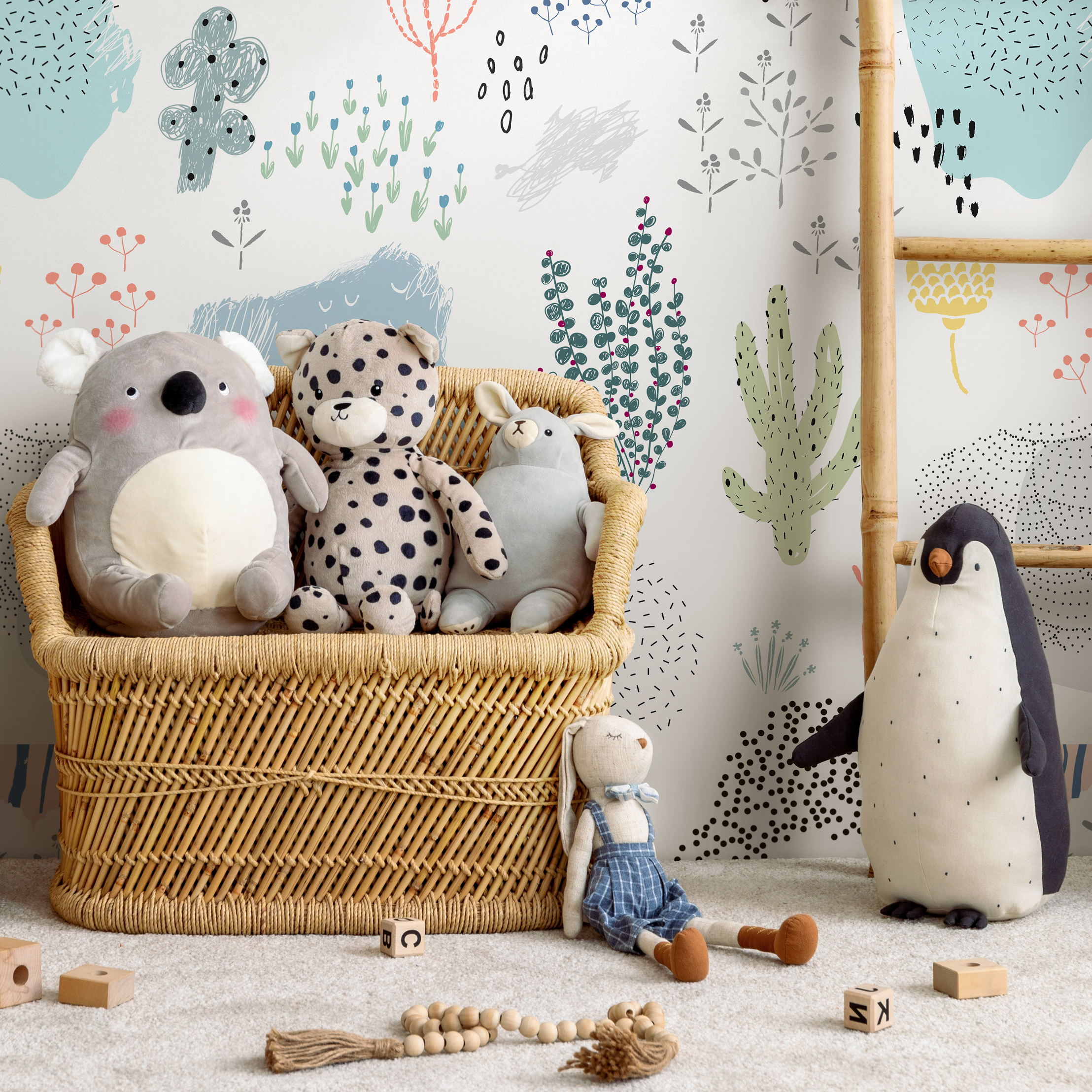 Abstract Wallpaper With Whimsical Cacti And Plants In Blue, Pink, And Green - B203