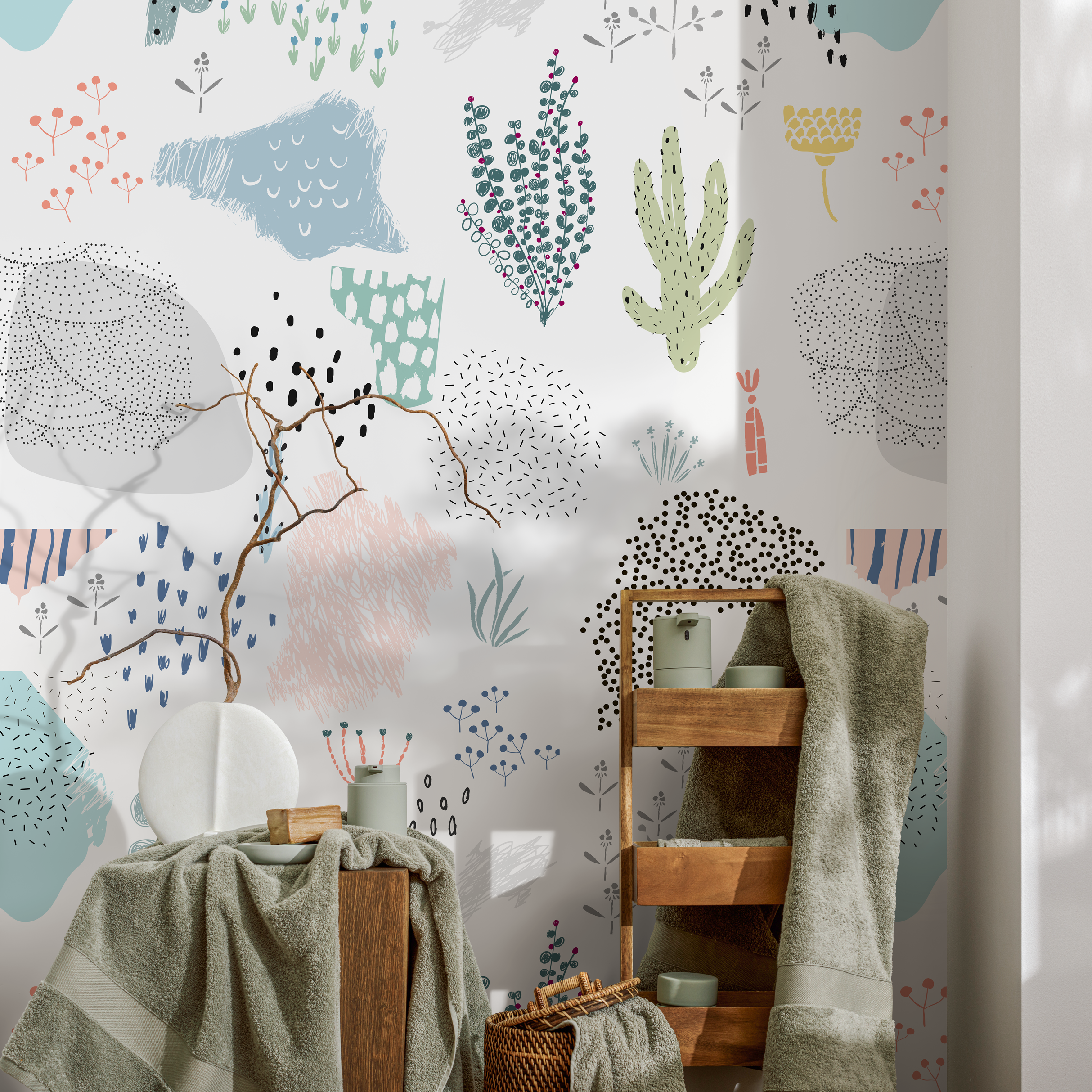 Abstract Wallpaper With Whimsical Cacti And Plants In Blue, Pink, And Green - B203