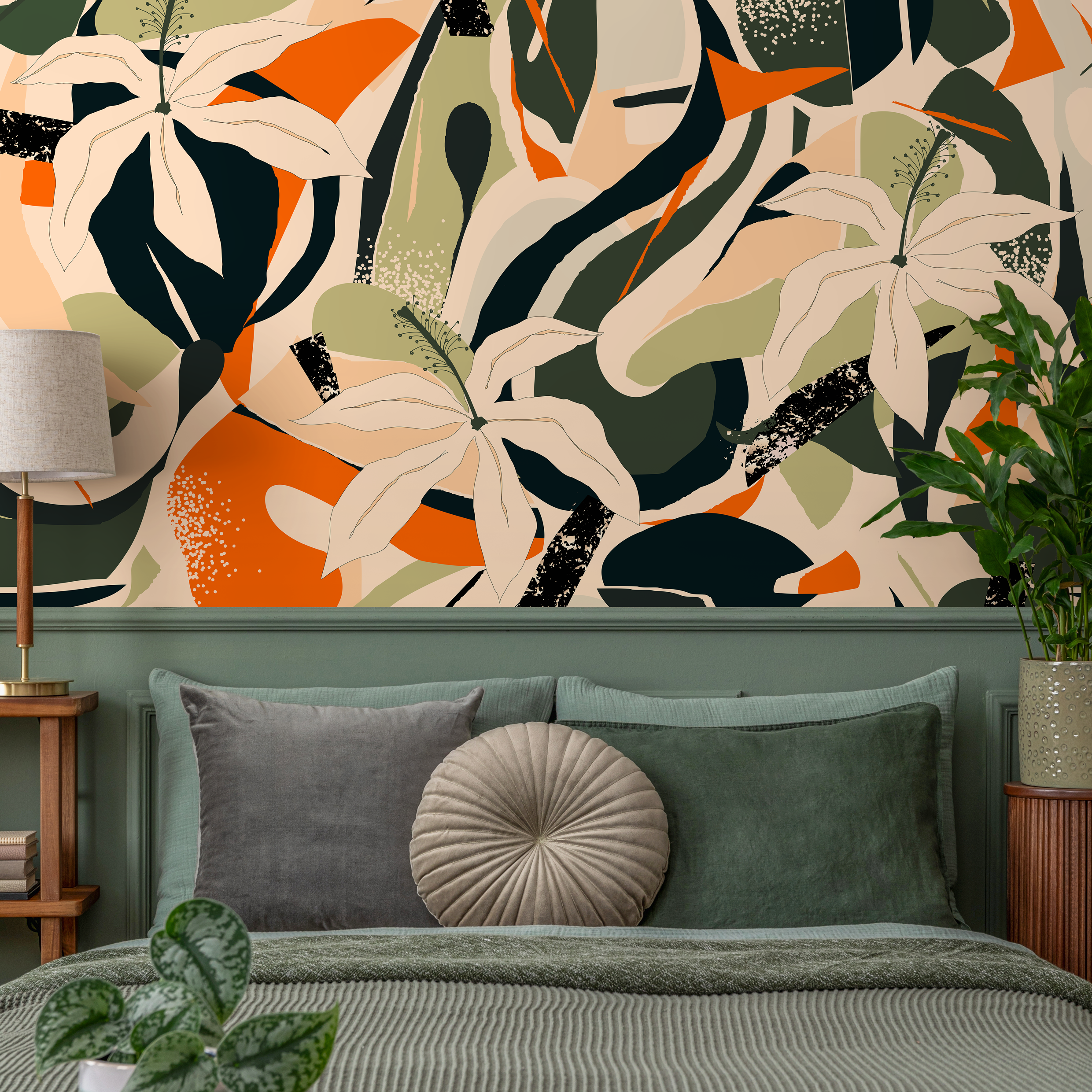 Tropical Wallpaper With An Abstract Floral Collage In Green, Orange, And Black - B205