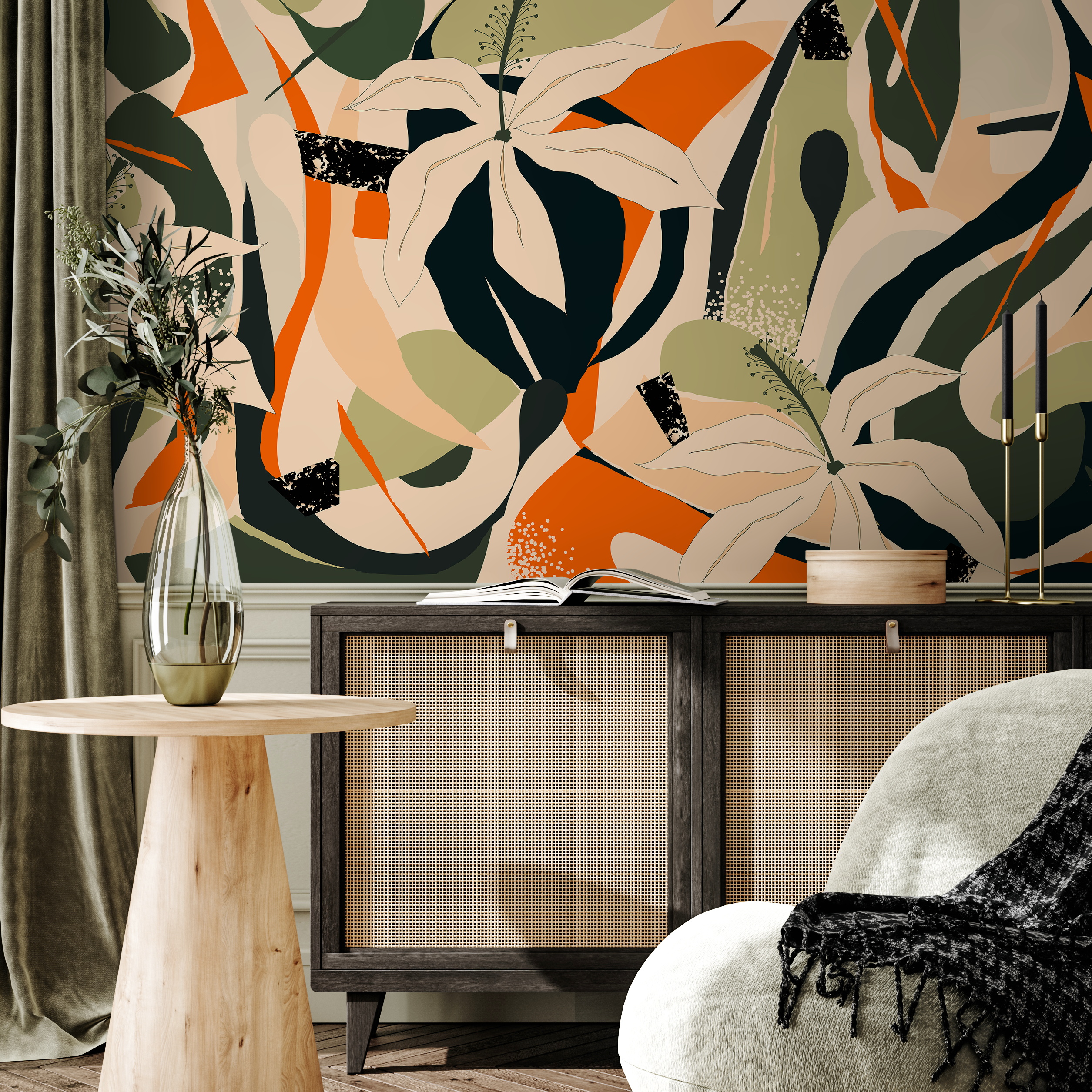Tropical Wallpaper With An Abstract Floral Collage In Green, Orange, And Black - B205