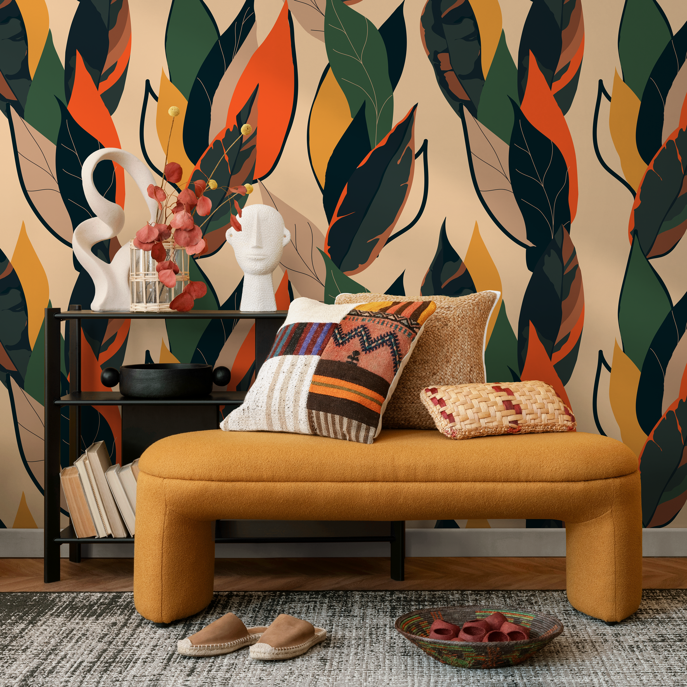 Botanical Wallpaper With Abstract Leaves In Green, Orange, And Yellow - B213