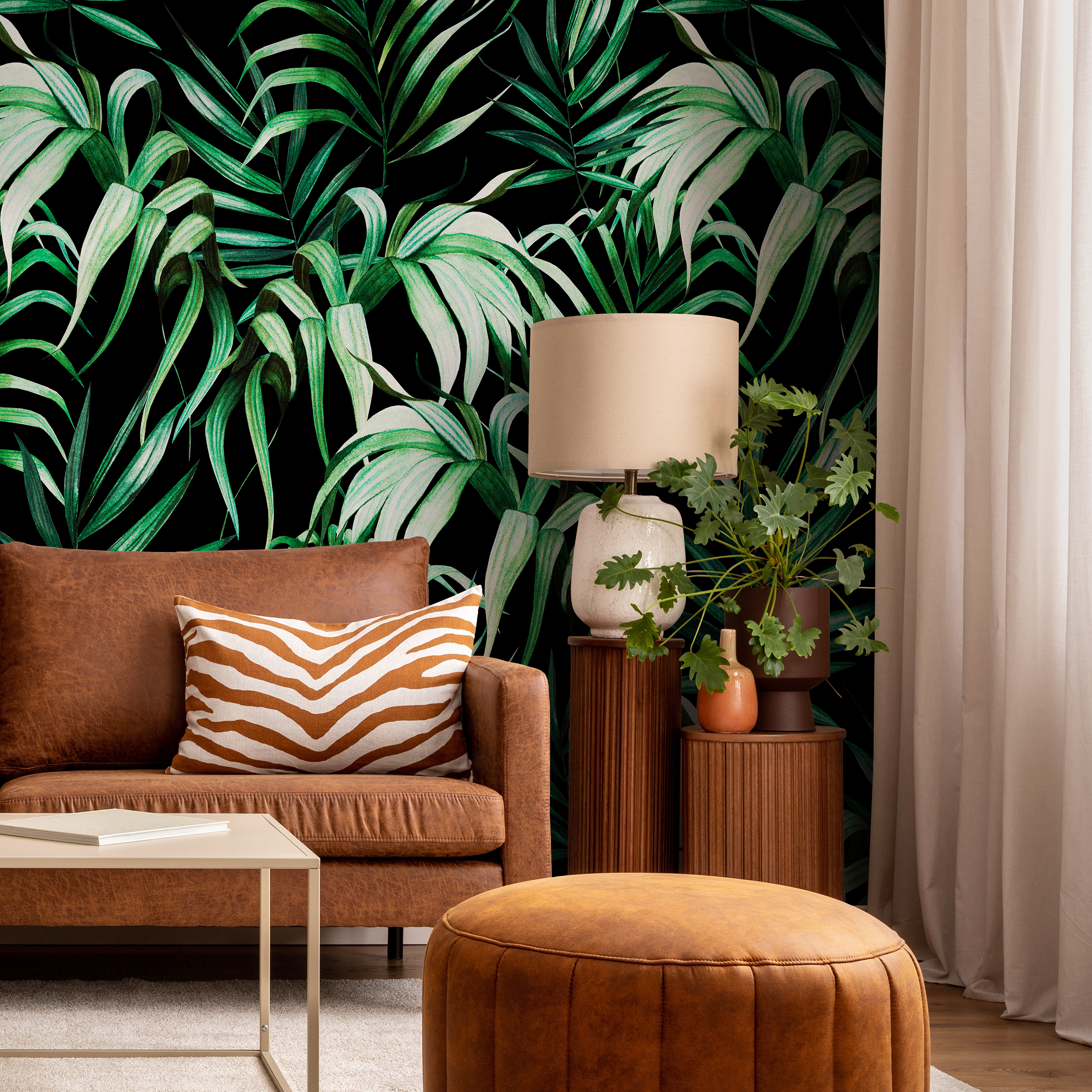 Tropical Wallpaper With Lush Palm Leaves In Green And Black - B214