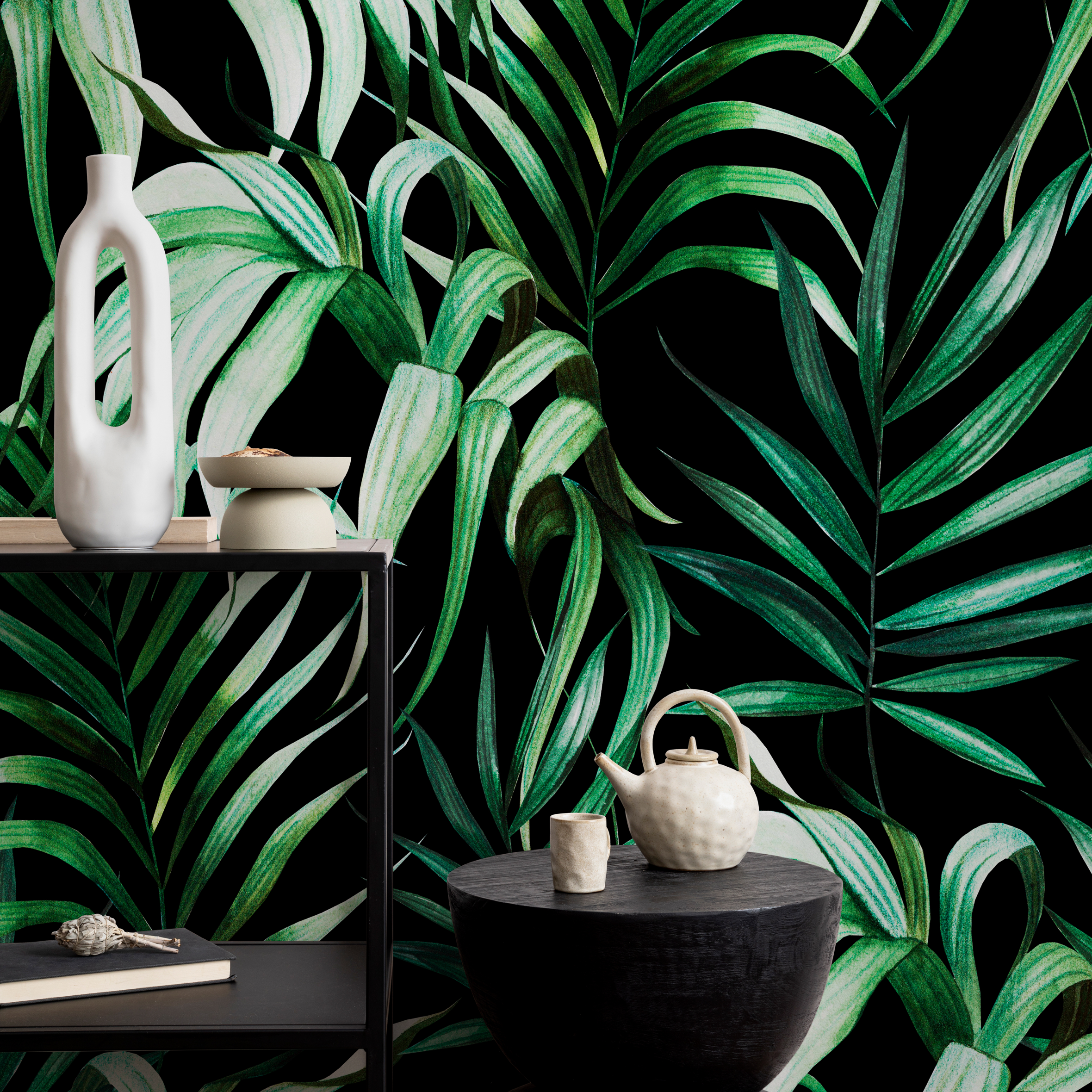Tropical Wallpaper With Lush Palm Leaves In Green And Black - B214