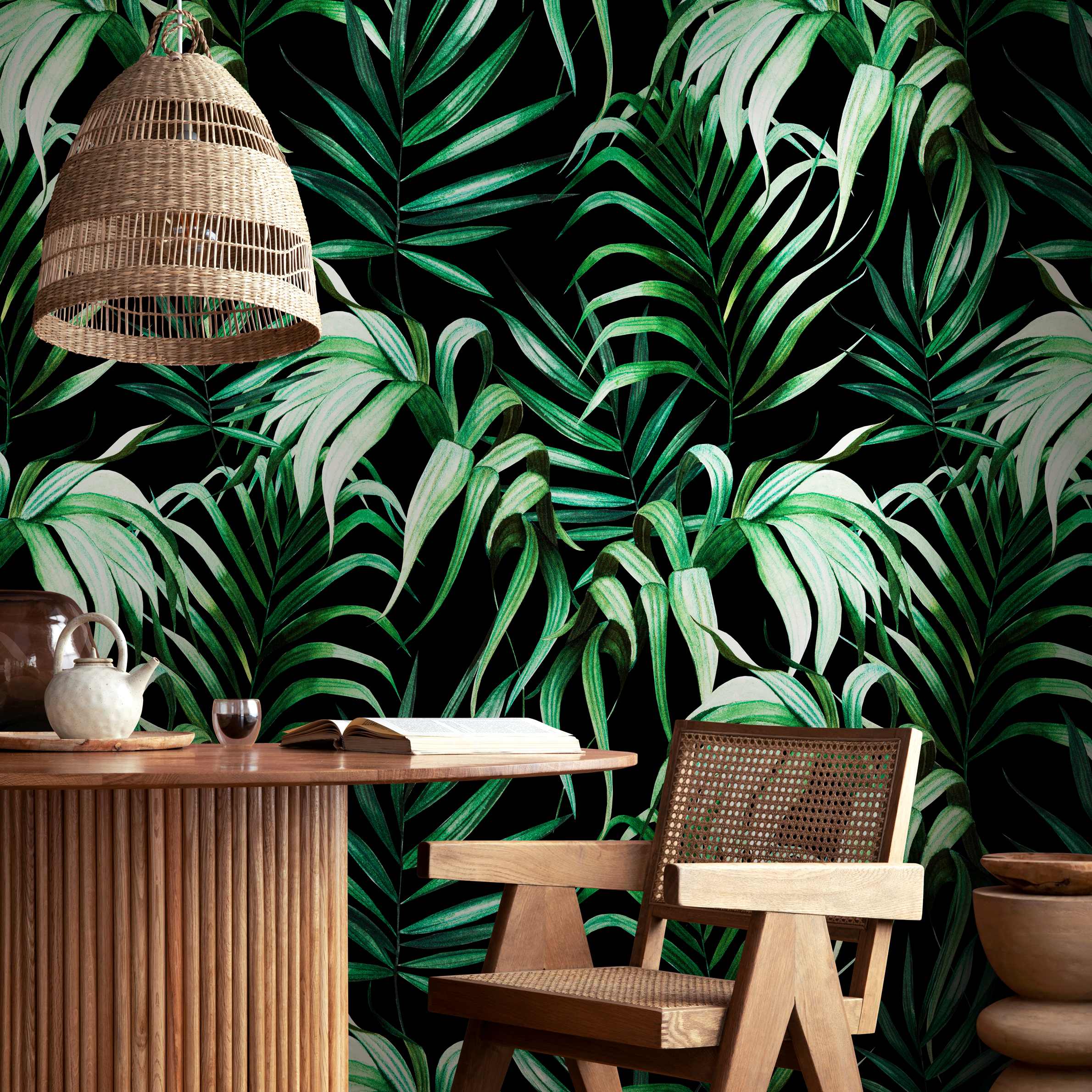 Tropical Wallpaper With Lush Palm Leaves In Green And Black - B214