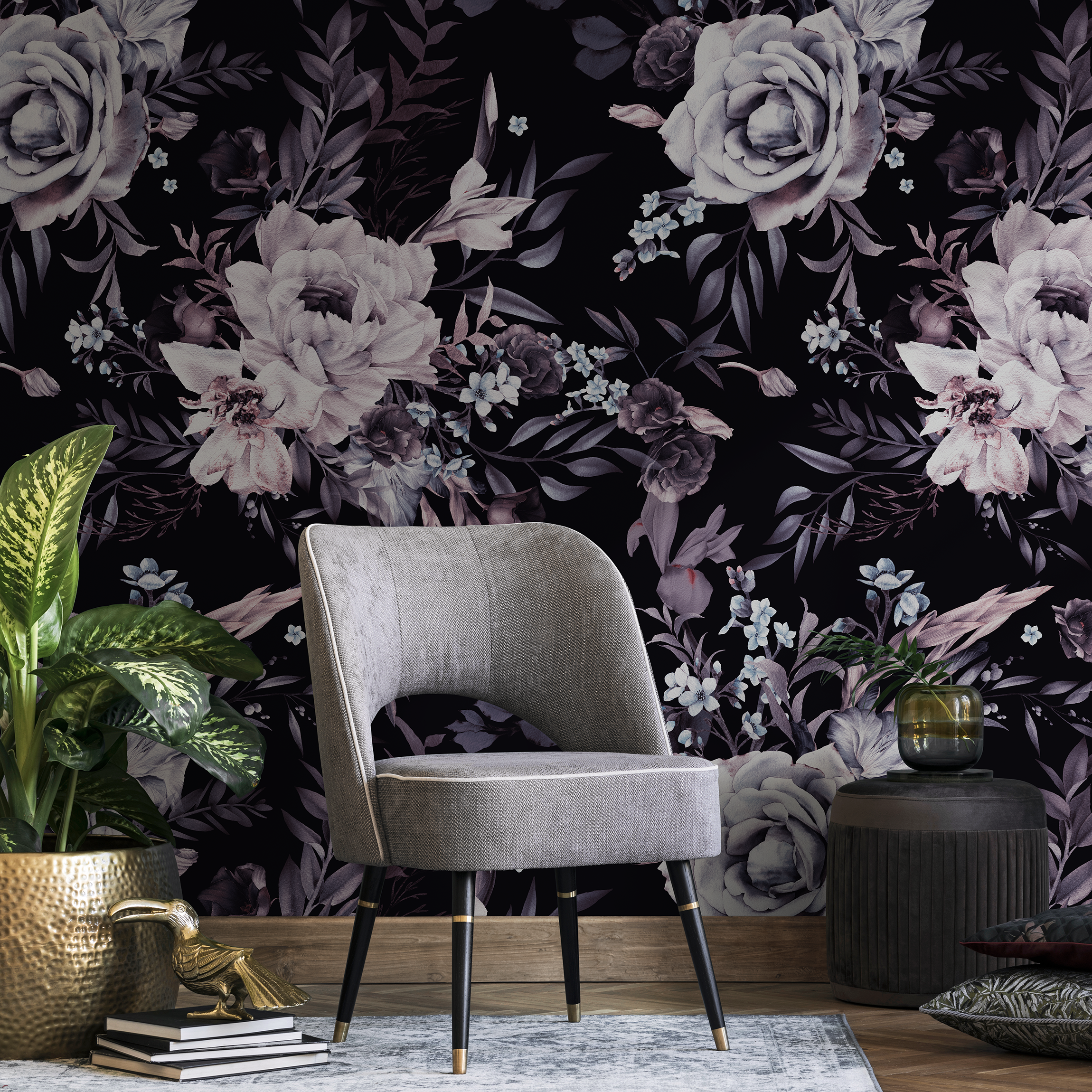 Floral Wallpaper With Moody Roses And Peonies In Black And Purple - B216
