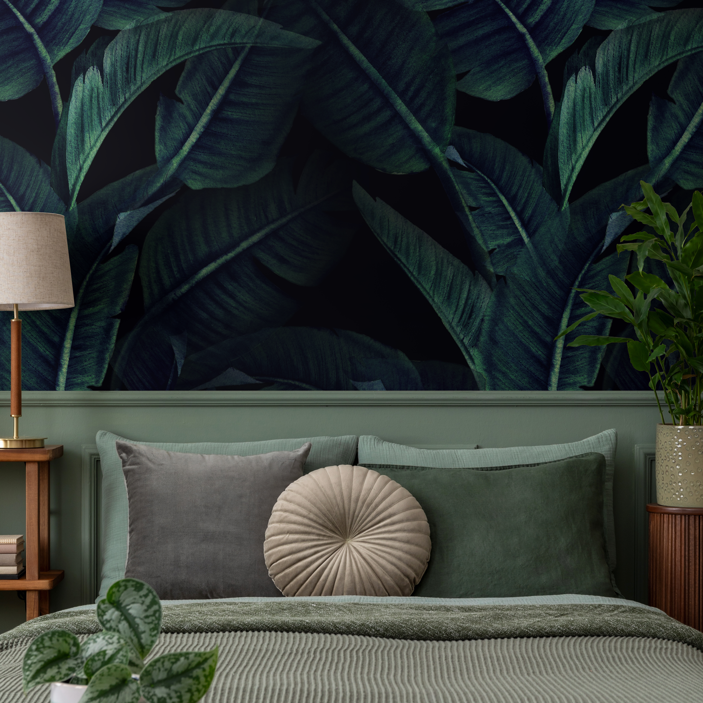 Tropical Wallpaper With Layered Banana Leaves In Dark Green And Black - B218