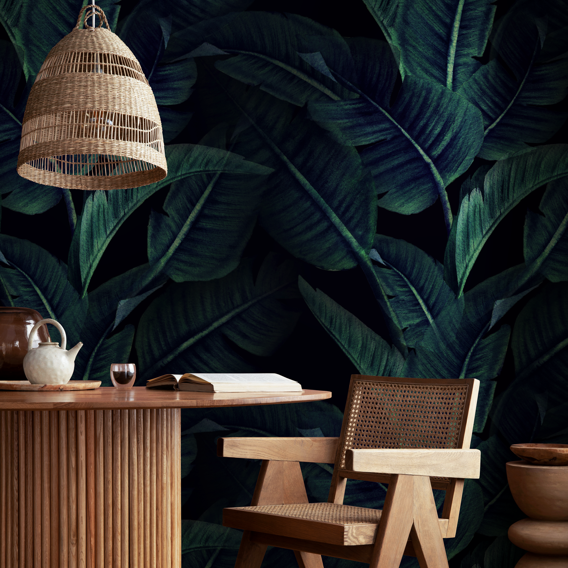 Tropical Wallpaper With Layered Banana Leaves In Dark Green And Black - B218